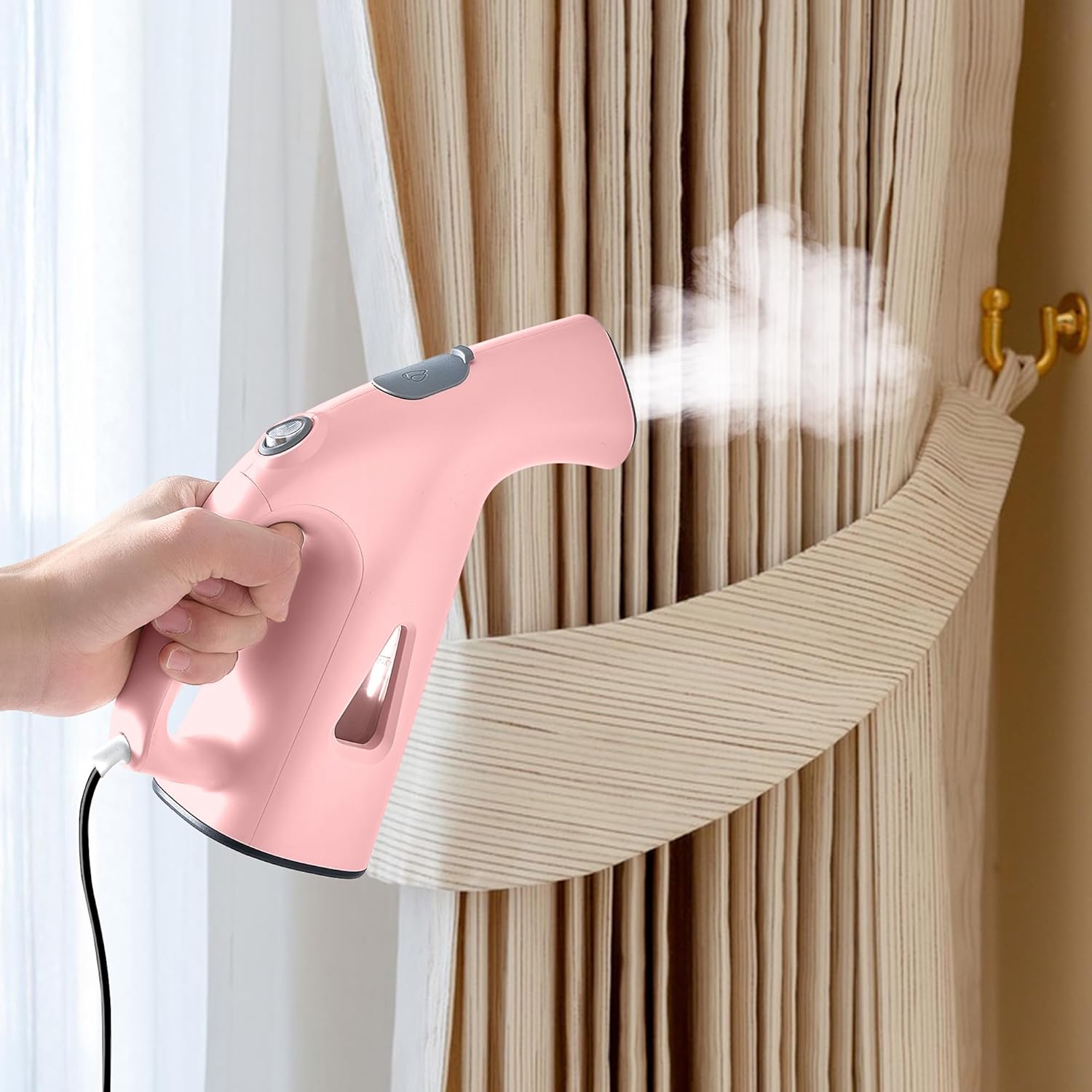 True & Tidy® Steamer for Clothes, Portable Handheld Garment Fabric Wrinkles Remover, 800 watts of steam, Stainless Steel Steam Plate, Pink