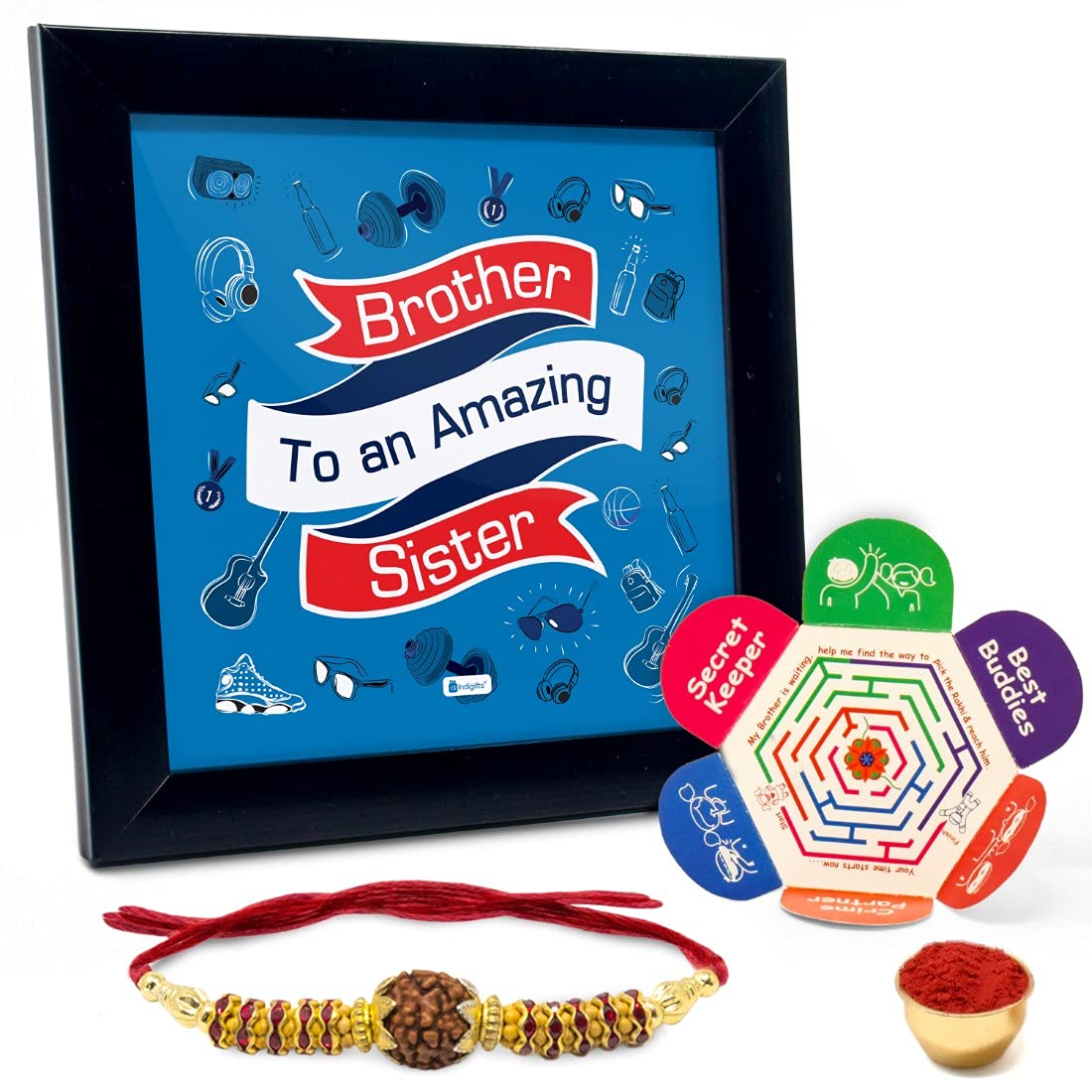 Indigifts Brother To An Amazing Sister Quote Printed Gift Set of Poster Frame 8x8 inches Rakhi Roli & Greeting Card - Rakhi Gift for Brother, Rakhi for Brother with Gift, Poster Frame Gift For Brother