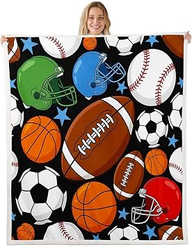 Feelyou Football Throw Blanket Basketball Sports Soft Fleece Sherpa Cozy Fuzzy Plush Warm Soccer Ball Game Fuzzy Plush Throw Black Baseball Gaming 40"x50" for Bed Couch Living Room