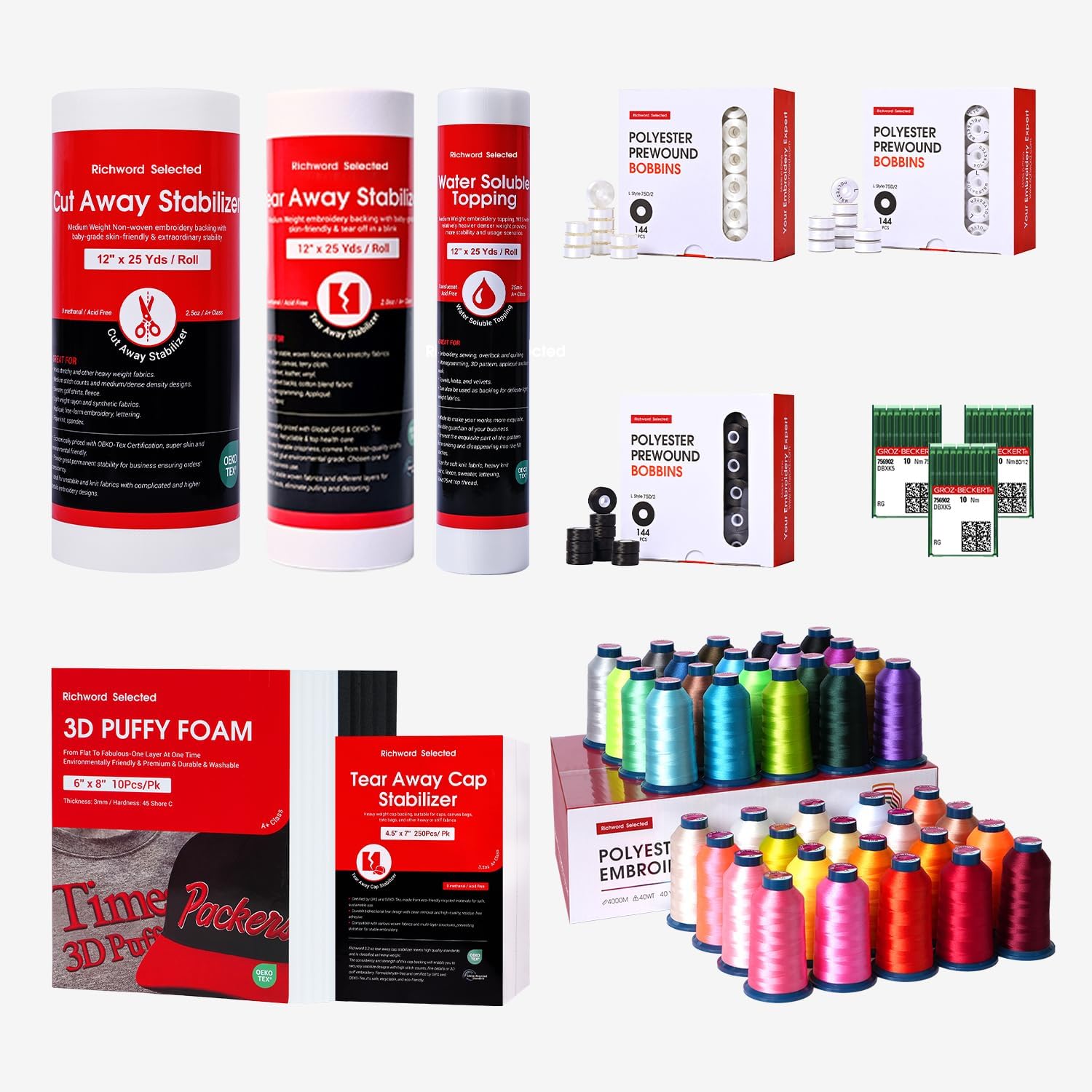 BAI Embroidery Supply Kit with Thread Bobbins Stabilizers Needles 3D Foam