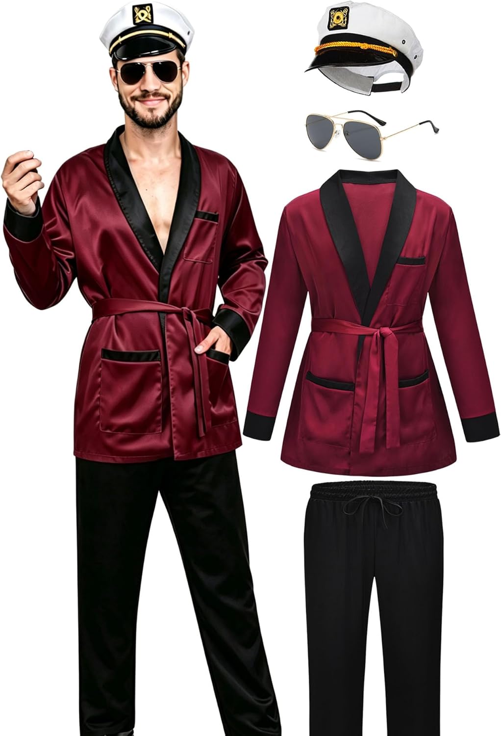 EFORLED Red Silk Robe Jacket and Black Pants,Captain Hat,Halloween Costume Accessories for Adult