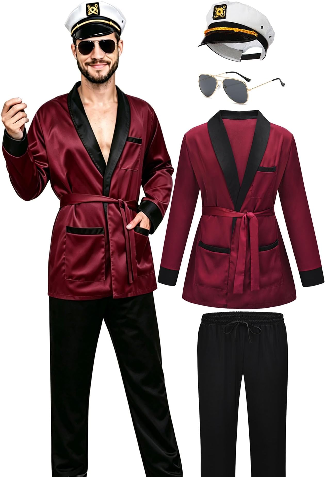Red Silk Smoking Robe Jacket and Black Pants,Captain Hat and Pipe,Halloween Costume Accessories for Adult
