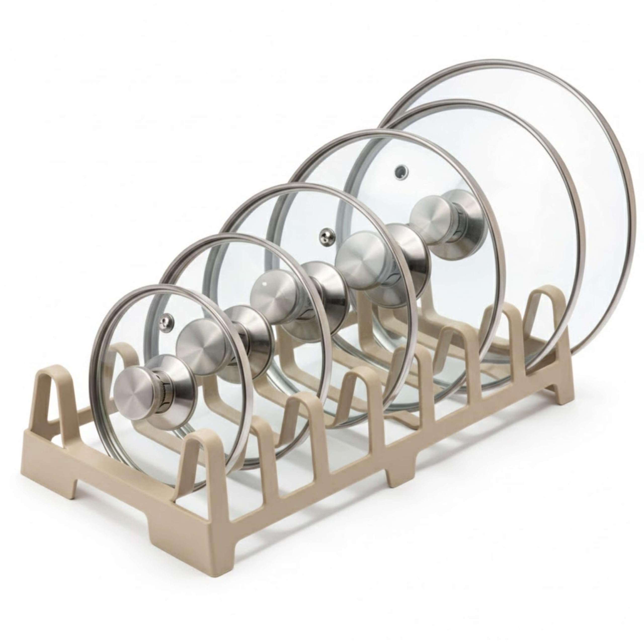Divchi Beige Pot Lid Holder Kitchen Organiser – 7 Slot Pan Lid Rack Plates & Chopping Boards, Compact Cupboard Storage Organiser (Beige)