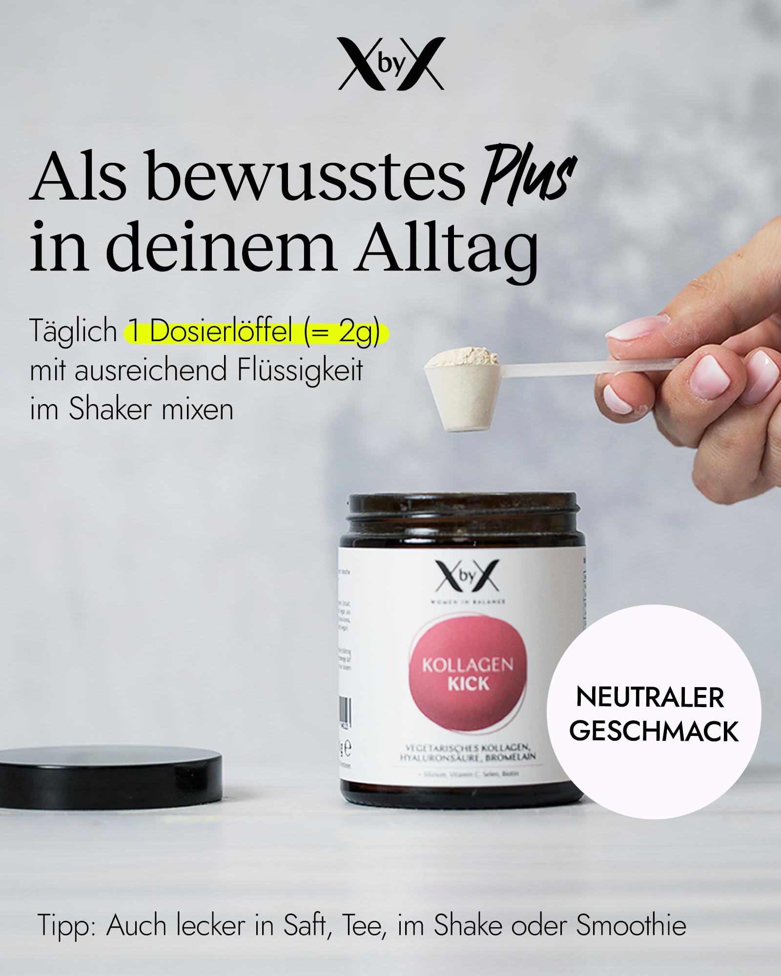 XbyX Kollagen Kick 90 g | 45 Portionen | Vegetarisches Premium Kollagen Pulver | Typ 1, 5 und 10 Kollagen | Aus Deutschland