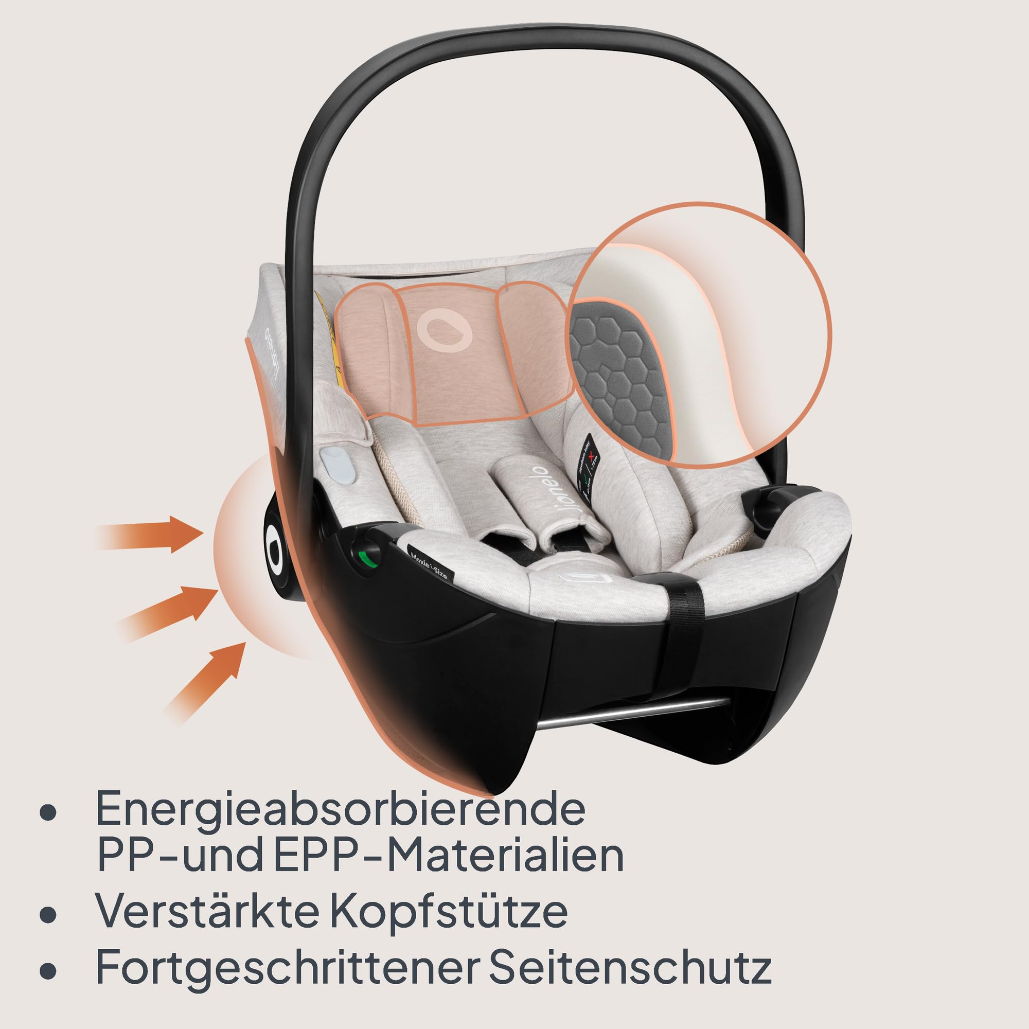 LIONELO MOXIE i-Size Kindersitz 40-87 cm, Babyschale Gruppe 0+ | rückwärtsgerichtet, Kopfstütze verstellbar, Seitenschutz, i-Size R129