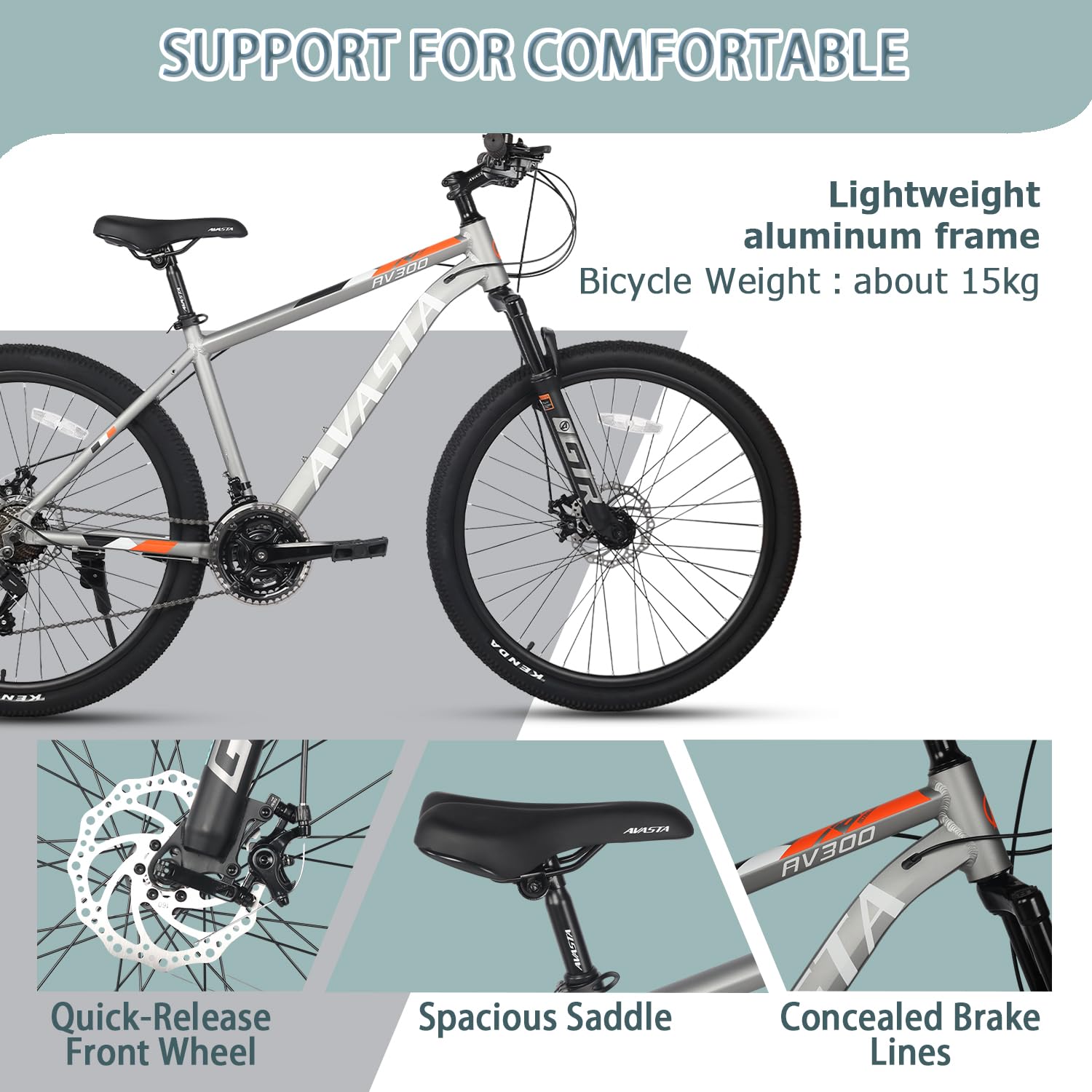 AVASTA AV300 26 27.5 inch Mountain Bike with 21-Speed，Aluminum Frame, Dual Disc Brake, Comfortable Saddle,Multiple Colors