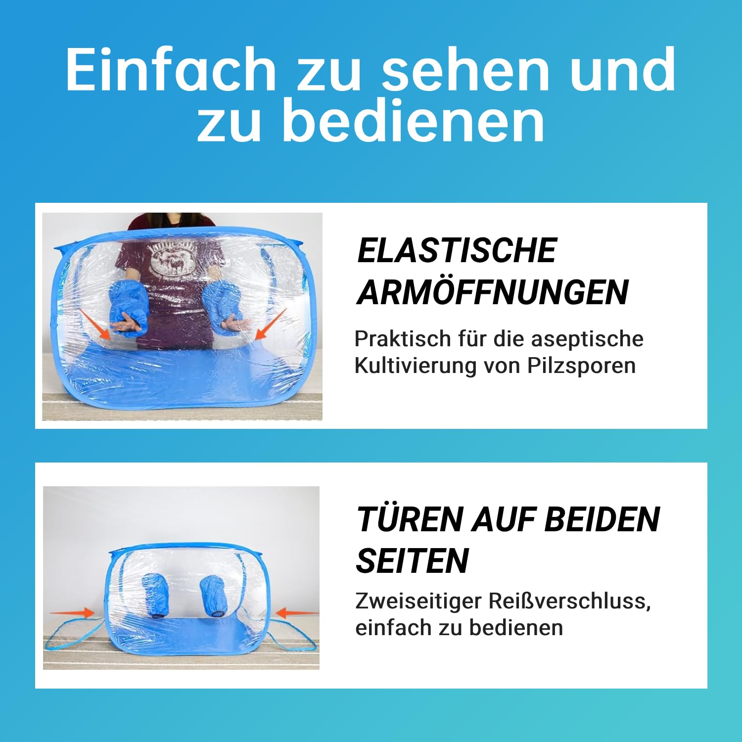 Pilze Züchten Growzelt, 60 x 60 x 90 cm Growbox. Tragbarer und klappbarer Grow Zelt mit Zwei Armöffnungen Grow Box für Pilzee wie Enoki Pilze, Heilpilze, Pilze im Allgemeinen(Blau) Gr