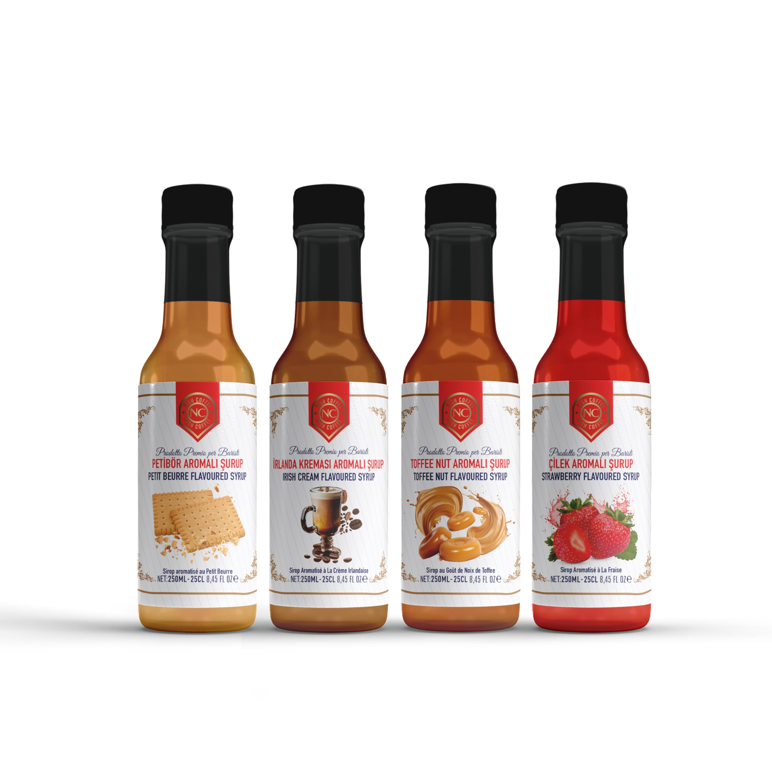 Nish Kahve Petibör, Irish Cream, Toffee Nut, Çilek Aromalı Şurup 4'lü Set 4x250 Mililitre
