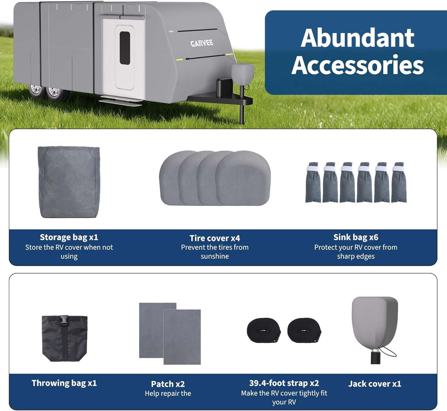 RV Cover, 24-27FT Camper Trailer Cover, Anti-UV and Waterproof with Windproof Straps, Tire Covers, Gutter & Tongue Jack Covers, Adhesive Repair Patches for Motorhome