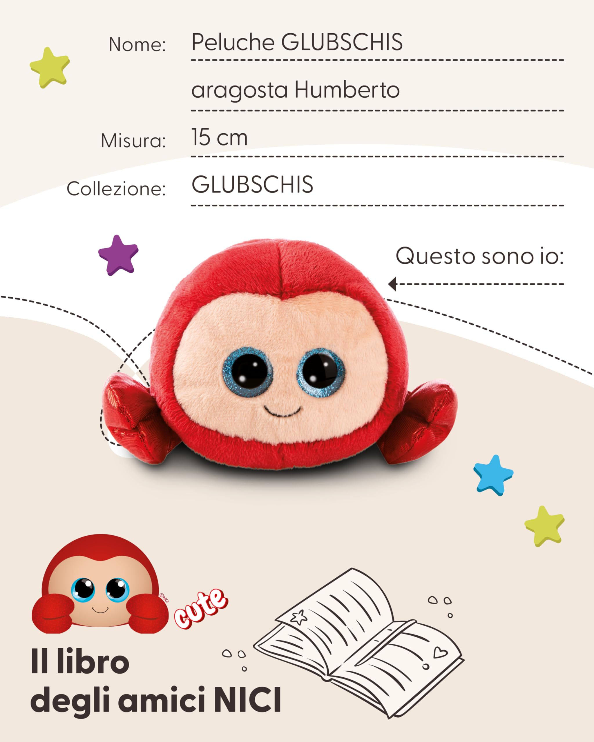 NICI peluche GLUBSCHIS langosta Humberto 15cm tumbado - rojo - Peluche suave, lindo para abrazar y jugar, para niños y adultos, una excelente idea de regalo - 61849