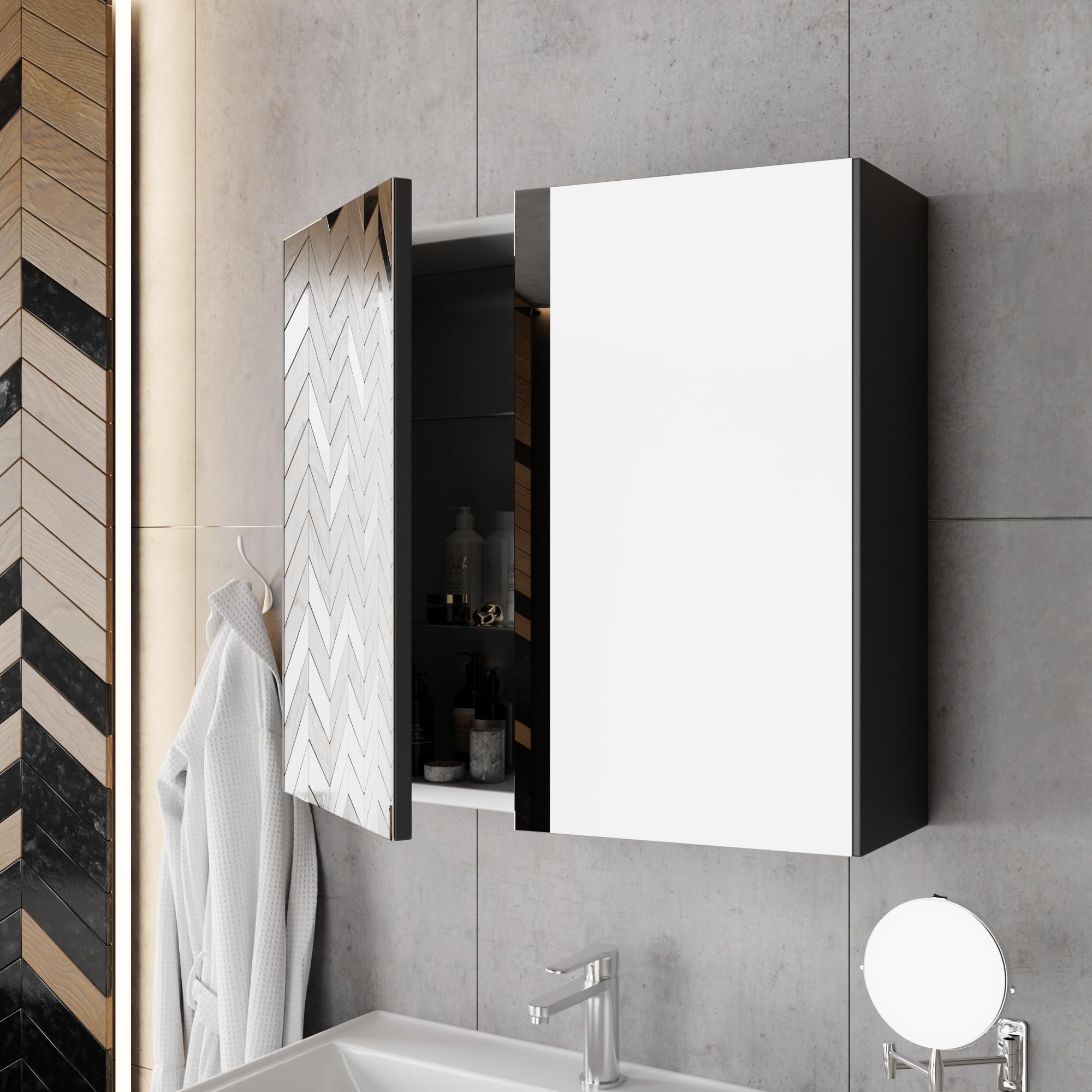 Badezimmermöbel Set Lara 80 Anthrazit | Keramikwaschbecken | Unterschrank | Spiegelschrank | Softclose-Schubladen & -Türen & unsichtbare Griffe | Moderner Stil | Badmöbel Waschtisch