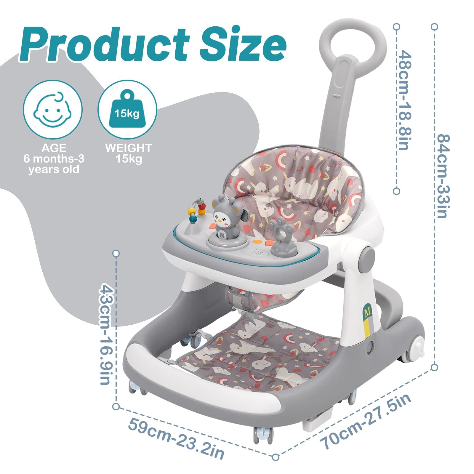 Trotteur Bébé Garçon Fille 6 Mois,Chariot de Marche Bébé Évolutif 3 en 1,Baby Walker Aide Marche Bébé,Apprendre à Marcher Trotteur Pousseur Gris
