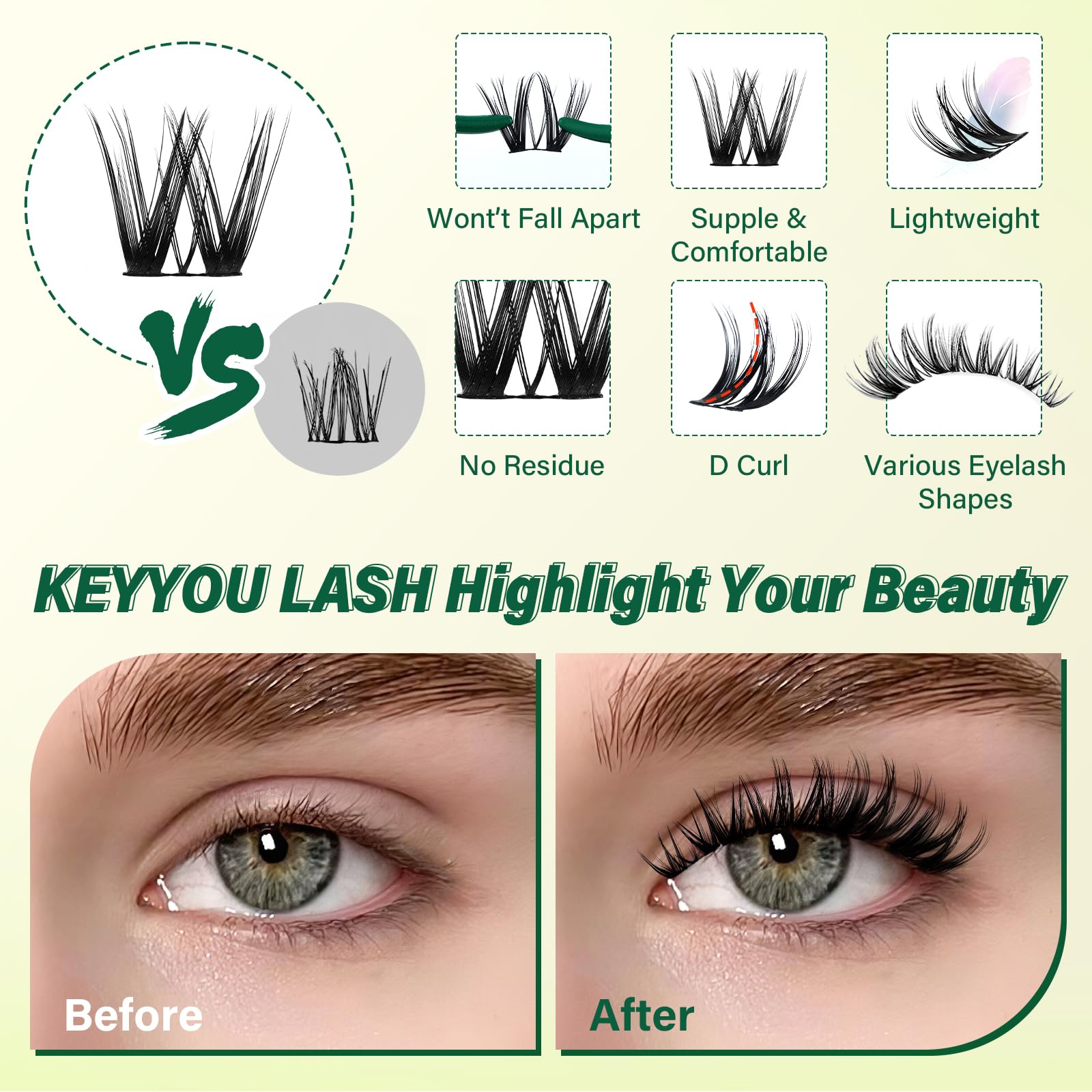 KEYYOU Set di extension per ciglia a D ricciolo volume, 8 – 16 mm, set da 132 arricciacapelli per ciglia con adesivo e tweezers Wispy Lash Clusters Kit (F01)