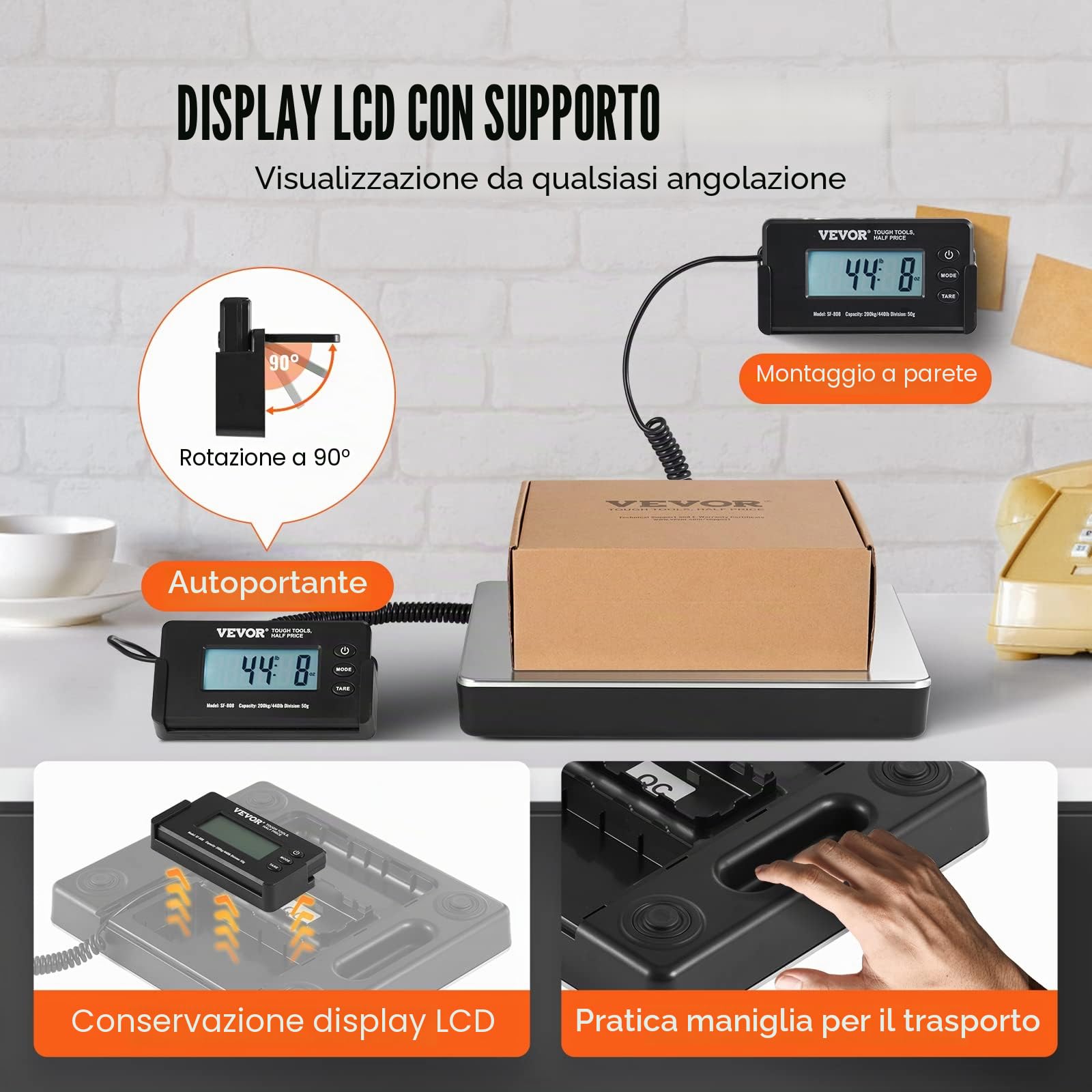 VEVOR Bilancia Digitale Pesa Pacchi Postali Commerciale ABS, 150 g-200 kg, 309 x 262 x 45 mm, Schermo LCD Tara