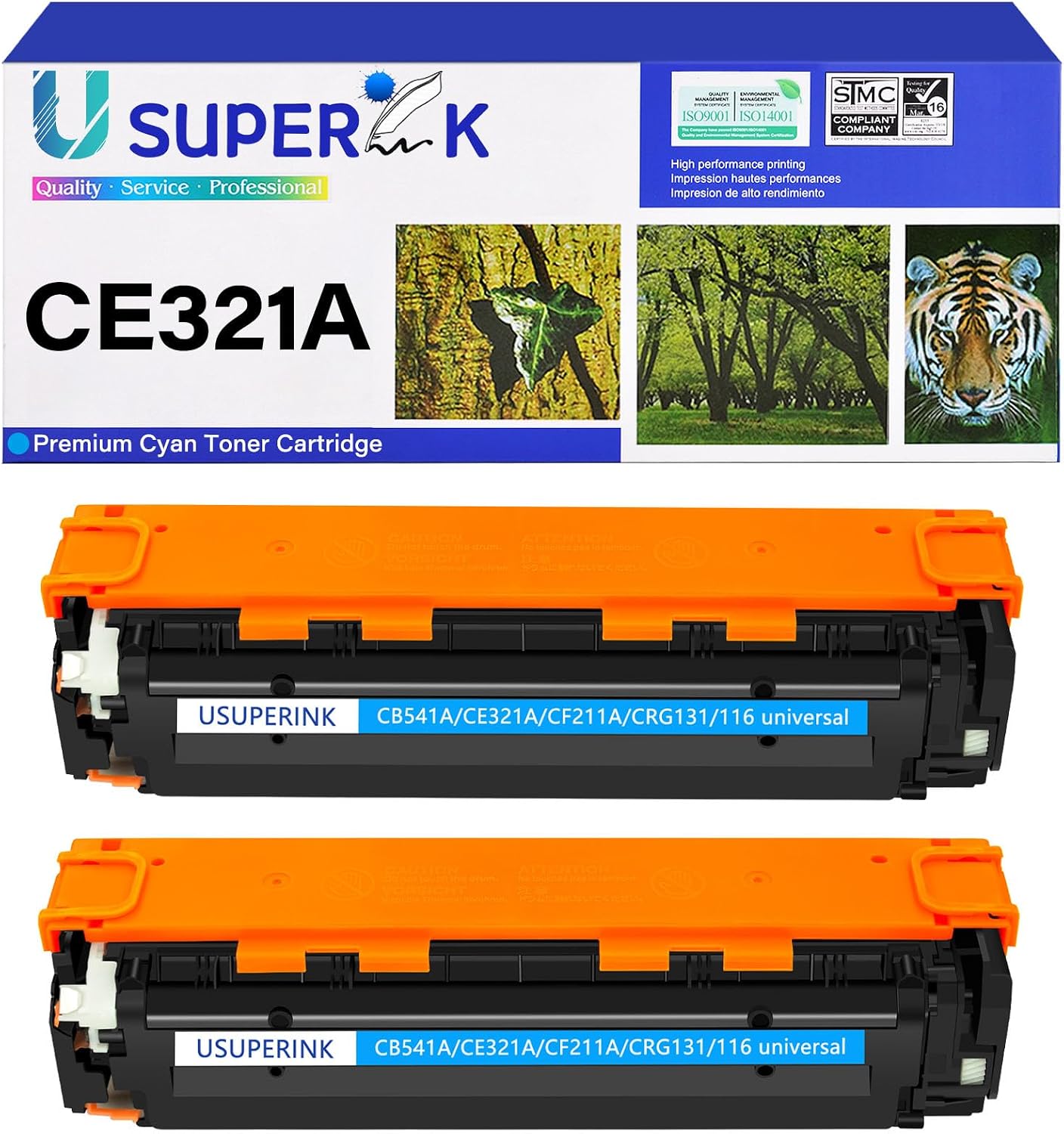 USUPERINK Toner Cartridge Compatible for HP CE321A 128A to use with Color Laser Jet Pro CM1415fn CM1415fnw CP1525n CP1525nw Printer Ink（Cyan, 2-Pack）