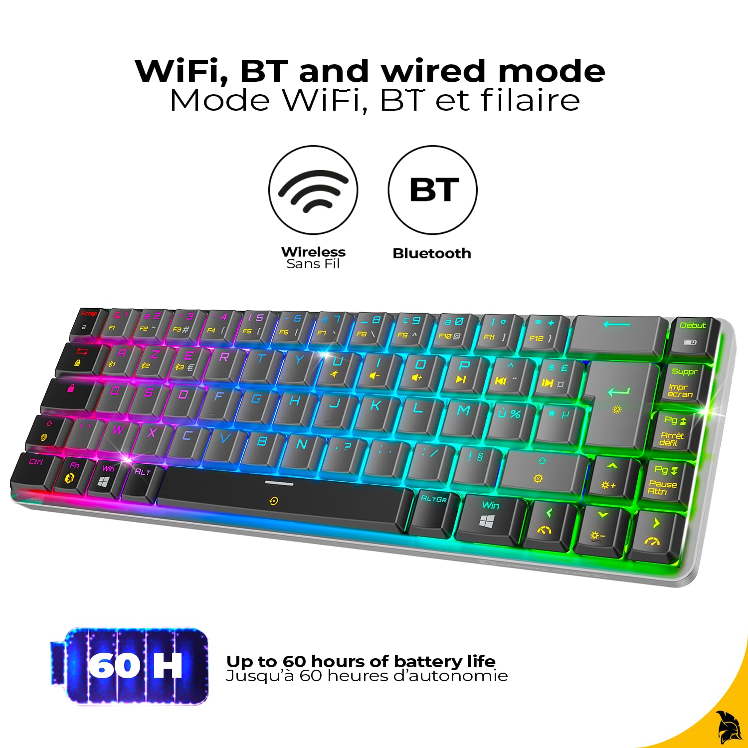 EMPIRE GAMING RF241 - Tastiera da Gioco Meccanica Compatta Senza Fili Ricaricabile FR(AZERTY), Tripla Modalità (2,4 GHz, Bluetooth, USB-C), 69 Tasti MX Red, RGB, NKRO, Compatibile con PC, Mac