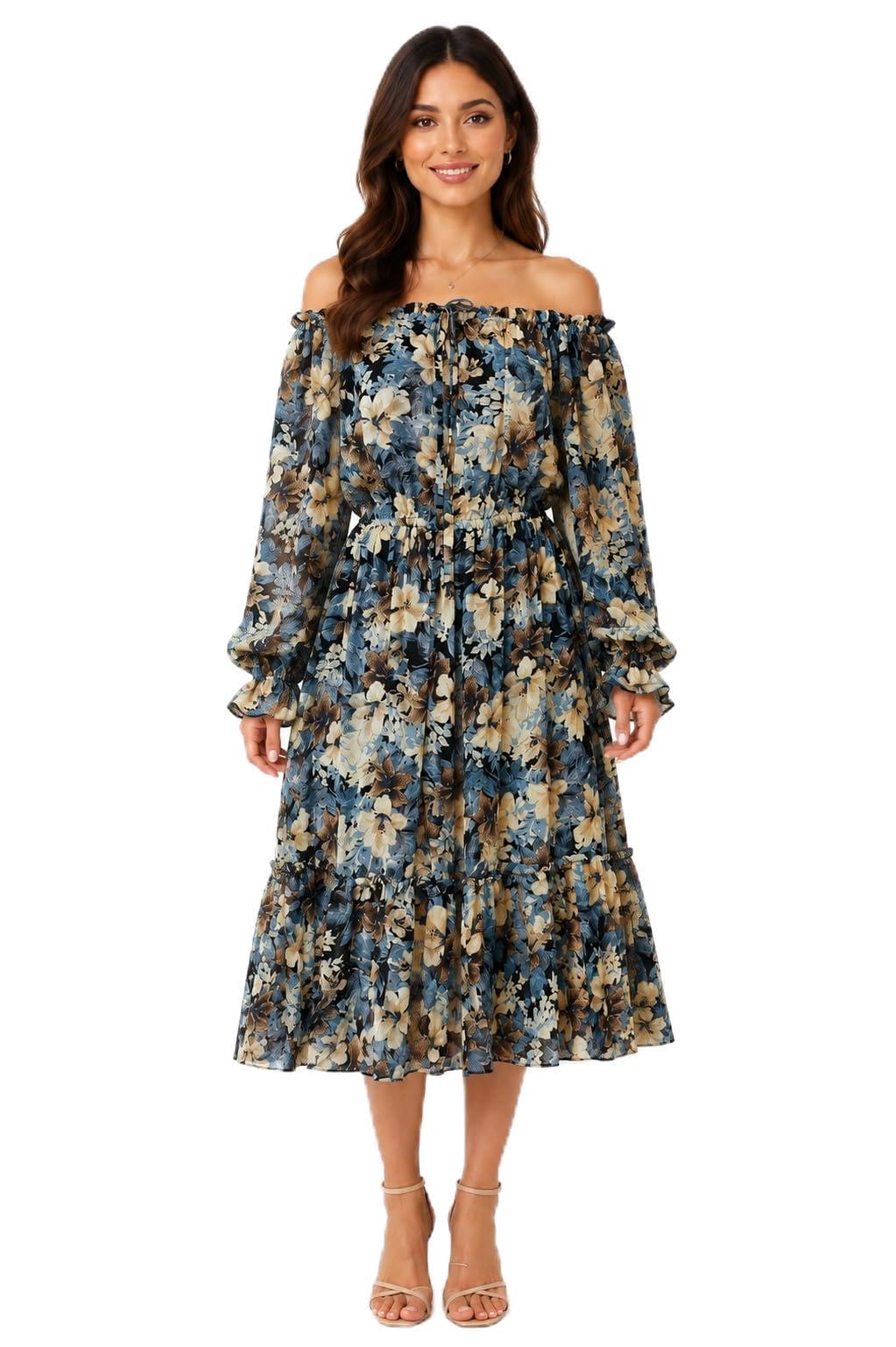 Women's Off-Shoulder Floral Midi Dress with Long Sleeves, Perfect for Outing and Vacation-picture-41