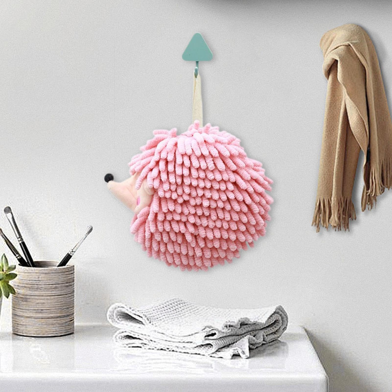 Hand Towels, Bathroom Washcloths, Kitchen Towels, Soft Chenille Texture, Hanging Loop Design, Ideal for Hotel Shower Toilet Use, 7.48x6.69x1.97 Inches, Green, Pink, 1 Piece
