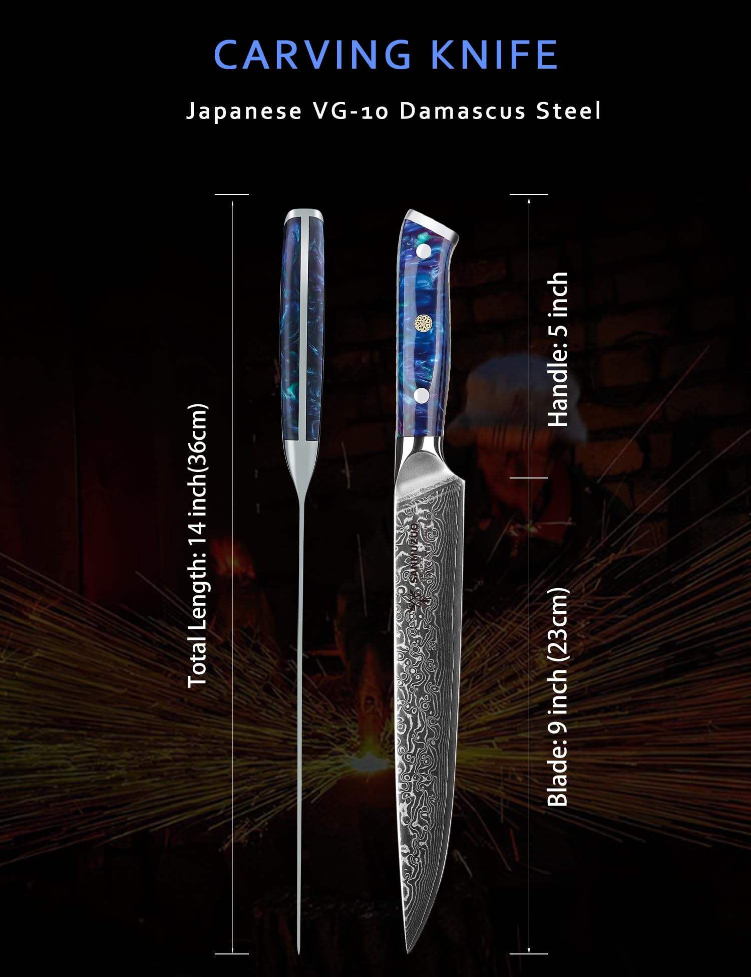 Couteau à Trancher 23 cm, Couteaux de Cuisinede Chef Japonais Couteau à découper - Acier de Damas et Manche en Résine - Série Xuan(Bleu Saphir)