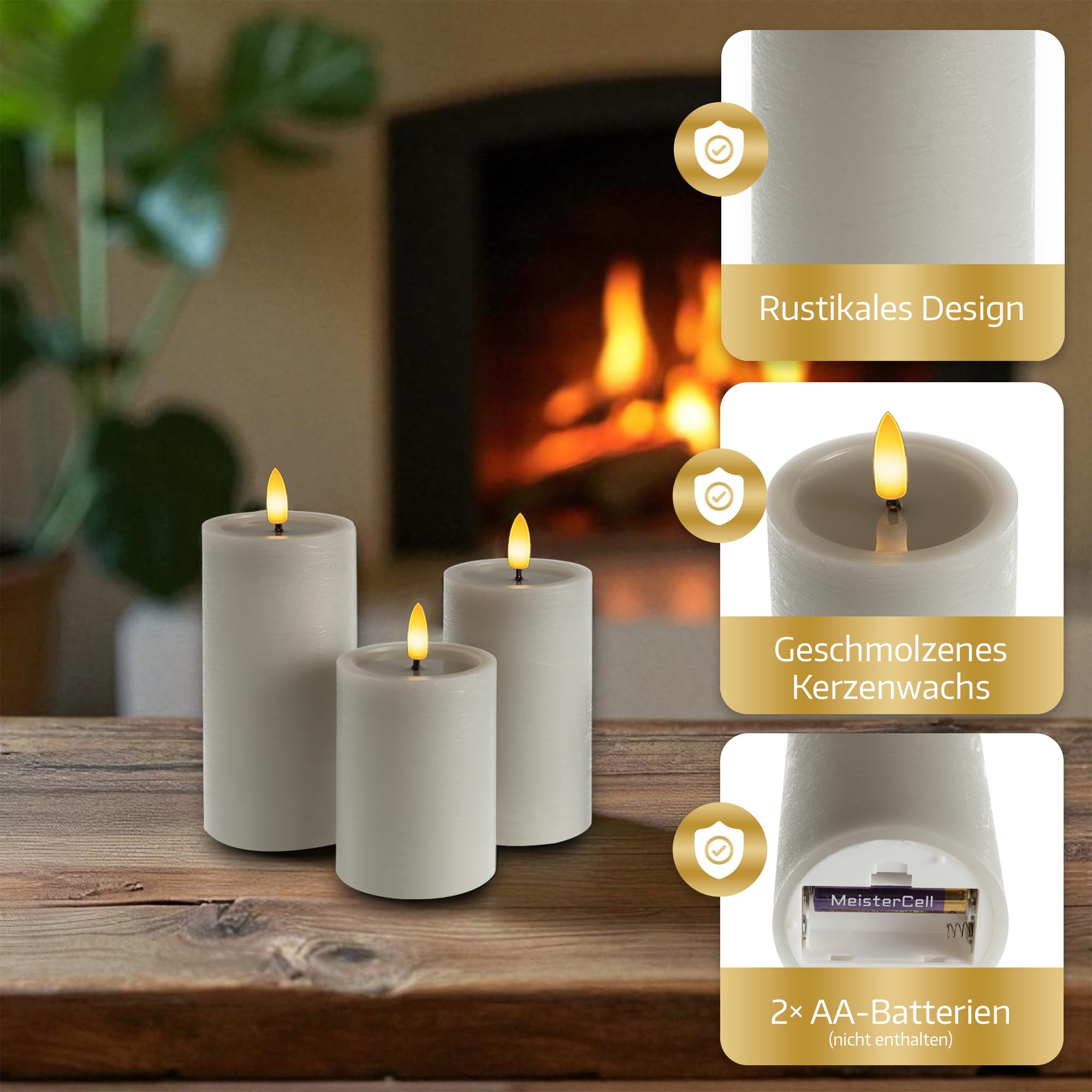 Meisterhome Juego de 3 velas LED grises, sin llama, con llama parpadeante, diseño rústico, con mando a distancia y temporizador, funciona con pilas, blanco cálido, 10/12,5/15 cm de alto