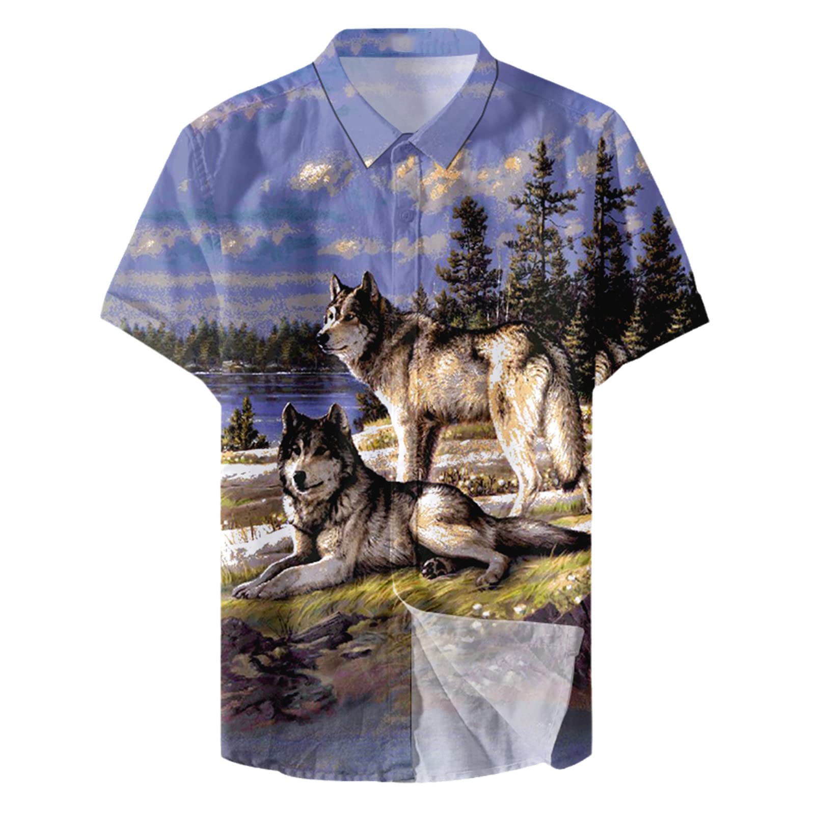 UIOKLMJH Men Anime Wolf Pattern Casual Hawaiian Shirt Tops