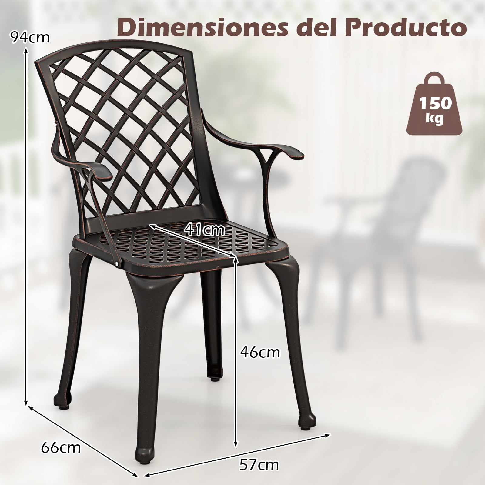 GOPLUS Juego de 2 Sillas de Jardín, Sillas de Comedor Aluminio Fundido Resistentes a la Intemperie, Respaldo y Reposabrazos, para Jardín, Patio, Balcón (Bronce)