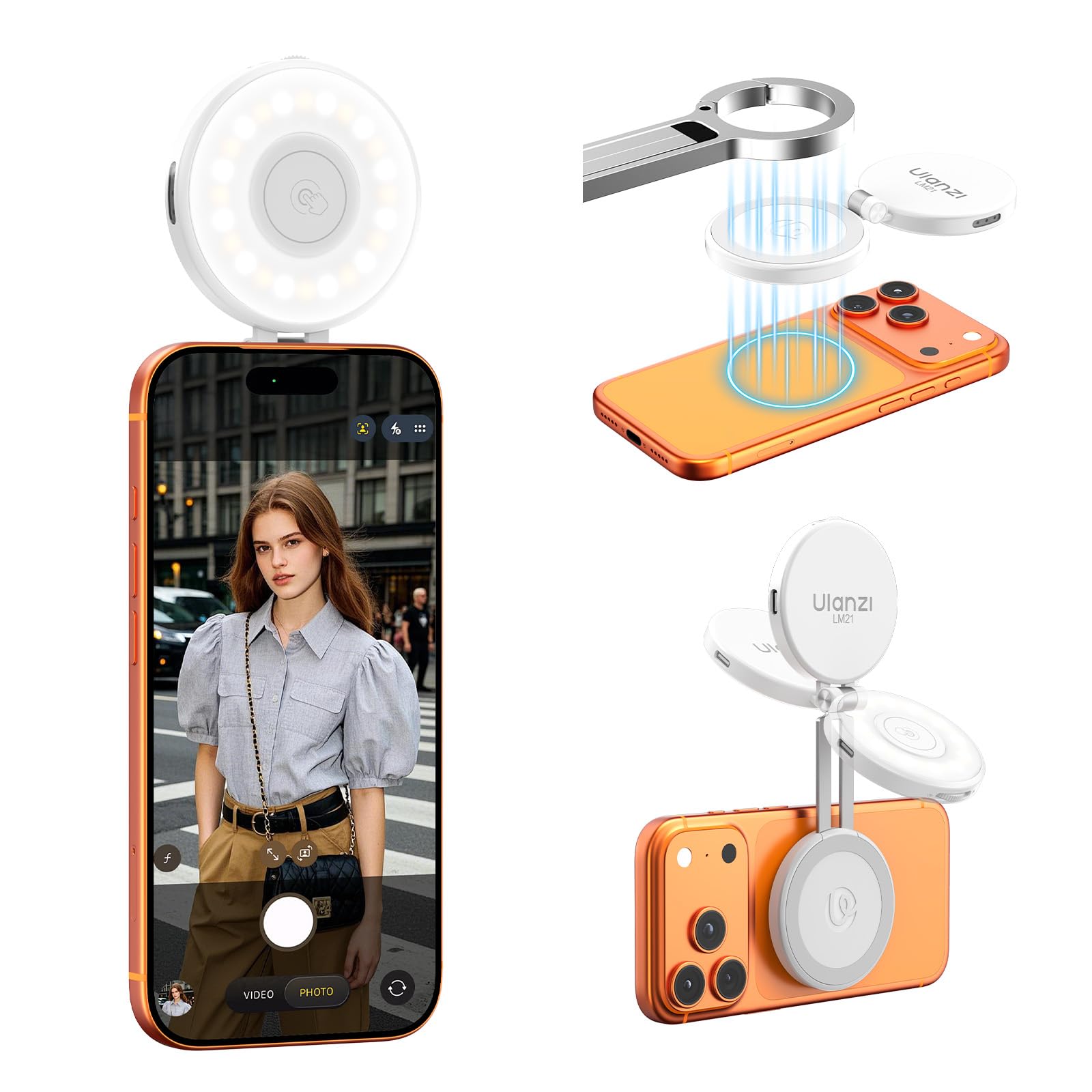ULANZI LM21 Magnetische Selfie Licht, Selfie Ringlicht für iPhones, Handy Ringlicht mit 3 Farbtemperaturen 2500k-8500k, LED Selfie Ring Fülllicht für Selfies, Videoanrufe, Konferenzen, Fotografie