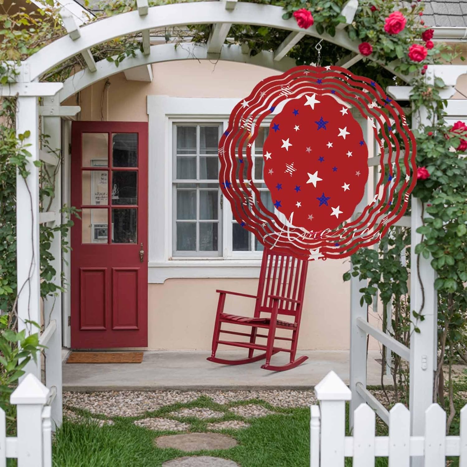 American Stars on Red Wind Spinner for Garden Yard 3D Stainless Steel Hanging Wind Spinners, Independence Day USA Stripe Star Spinners Outdoor Metal Decor for Lawn Patio Home