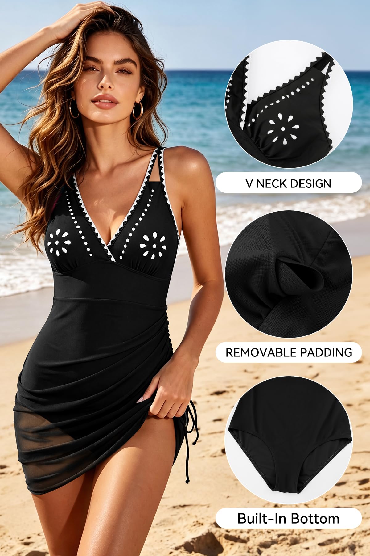 SHEKINI Maillot de Bain Femme 1 Pièce Col V Contrôle du Ventre Robe de Bain en Maille Maillot de Bain Robe