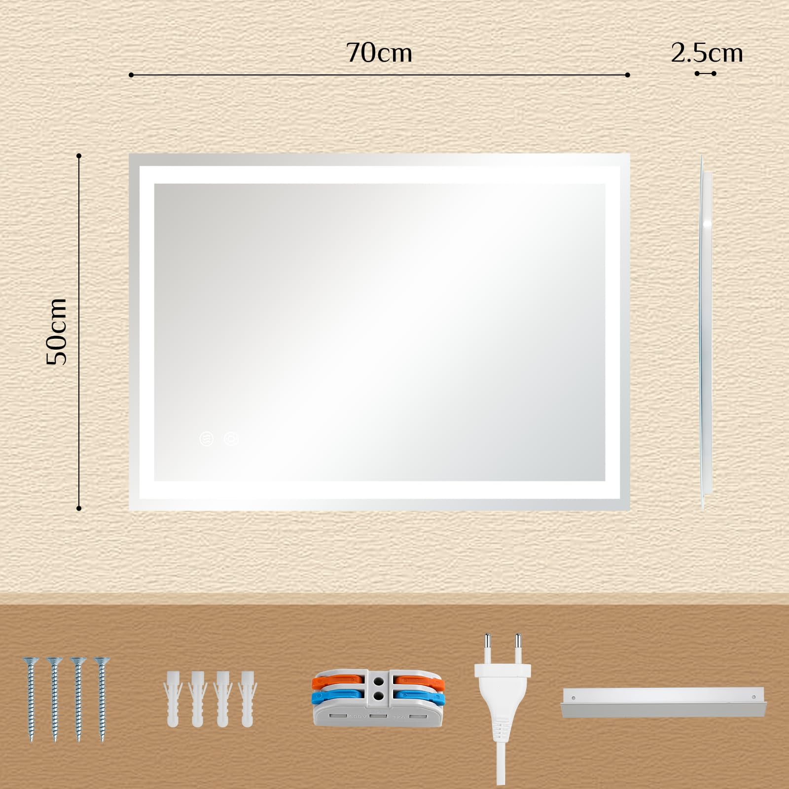 Clevich Badspiegel mit Beleuchtung 70×50 cm, LED Spiegel mit 3 Lichtfarben Dimmbar, Gehärtetes Glas Explosionsschutz, Touch-Schalter, Memory-Funktion, Beschlagfrei, Badezimmerspiege mit Licht