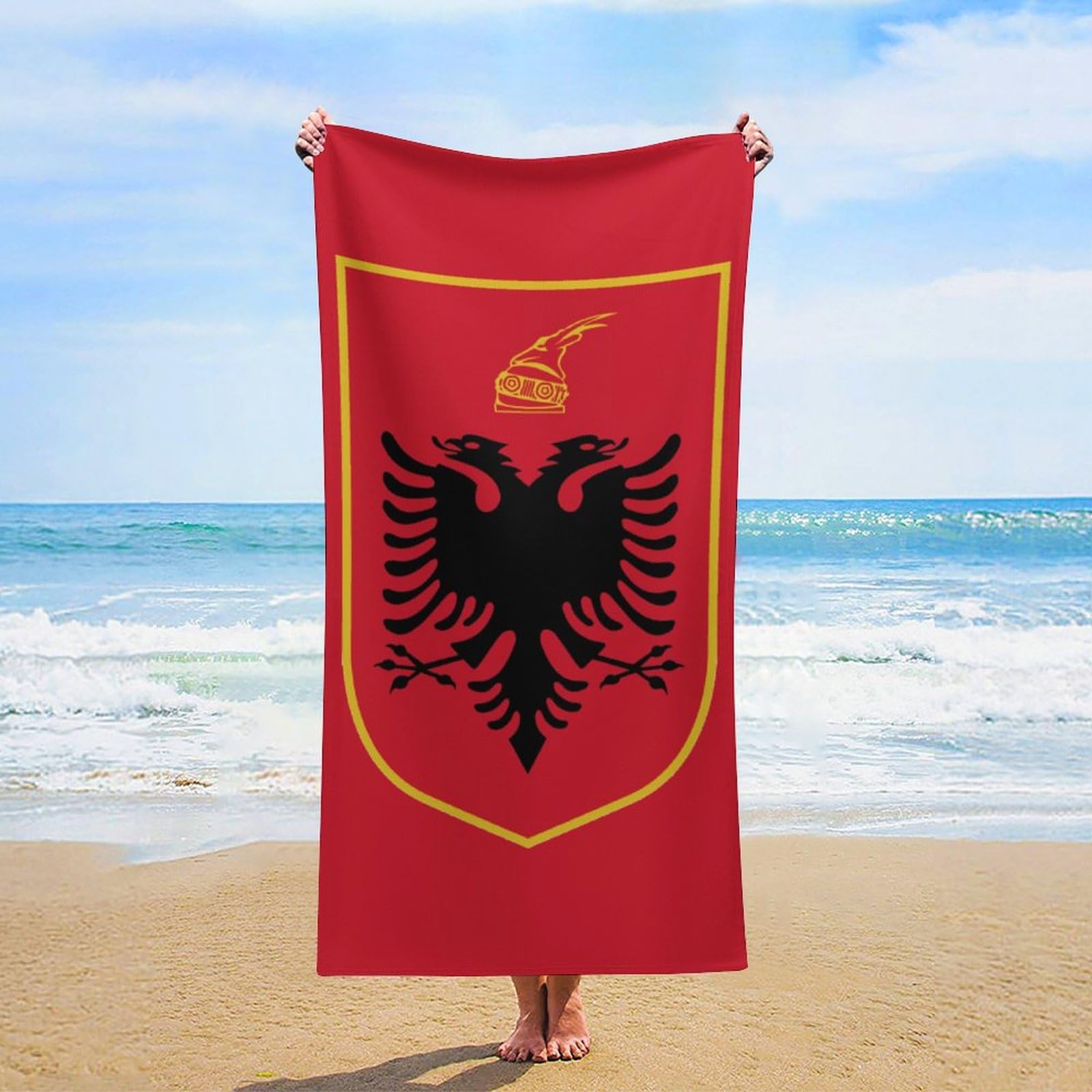 Asciugamano Da Spiaggia In Microfibra Morbido Ad Asciugatura Rapida Per Piscina Bagno Leggero Da Viaggio Con Bandiera E Stemma Della Repubblica D'Albania Per Donne E Uomini 90×180Cm