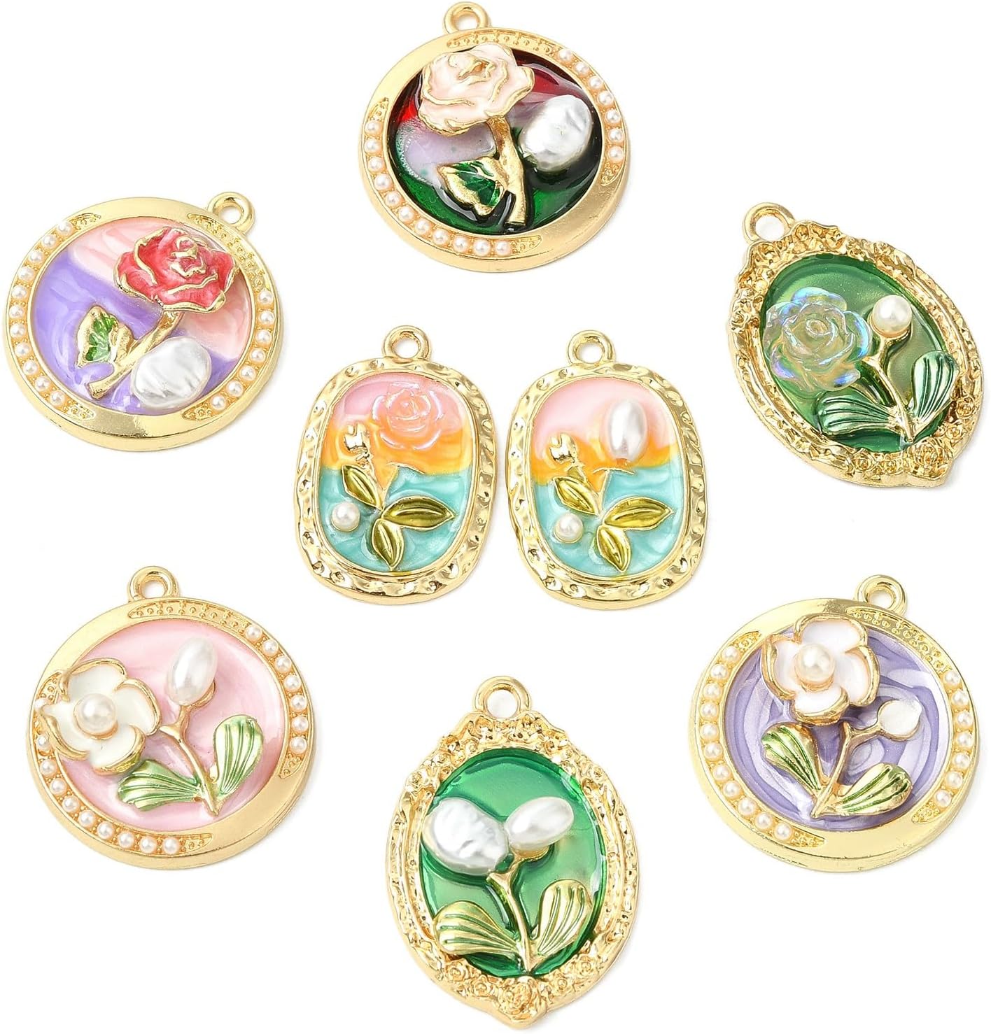 KitBeads 16Pcs 8 Styles Enamel Baroque Flower Charms Oval Shaped Pearl Flower Charms for Jewelry Making Bracelets Earrings Necklaces Crafts - Image 8