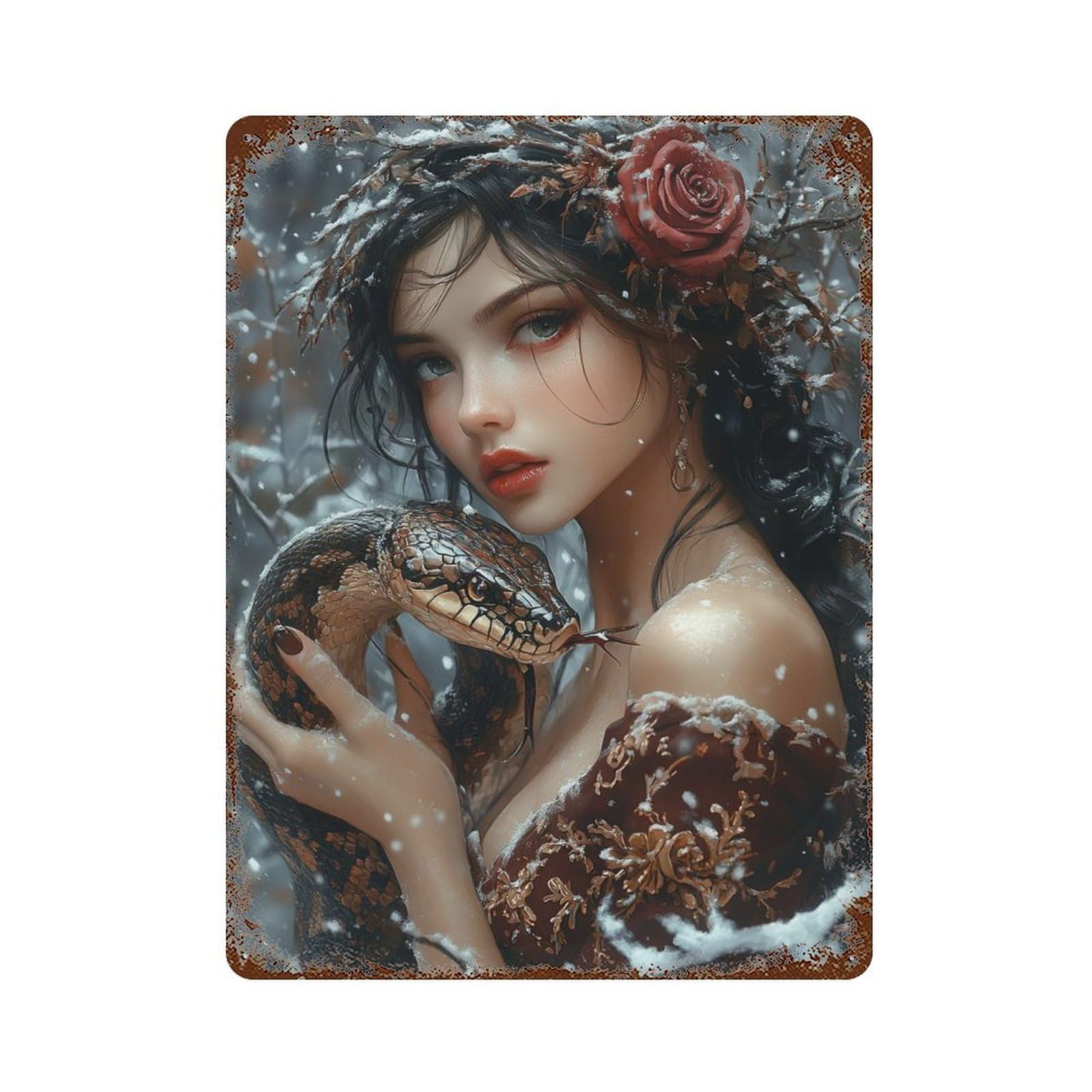 Winter Rose Snake Woman-1 Rustic Tin Plaque 15.7"x11.8", Industrial Home Decor for Pub, Kitchen And Man Cave Decor