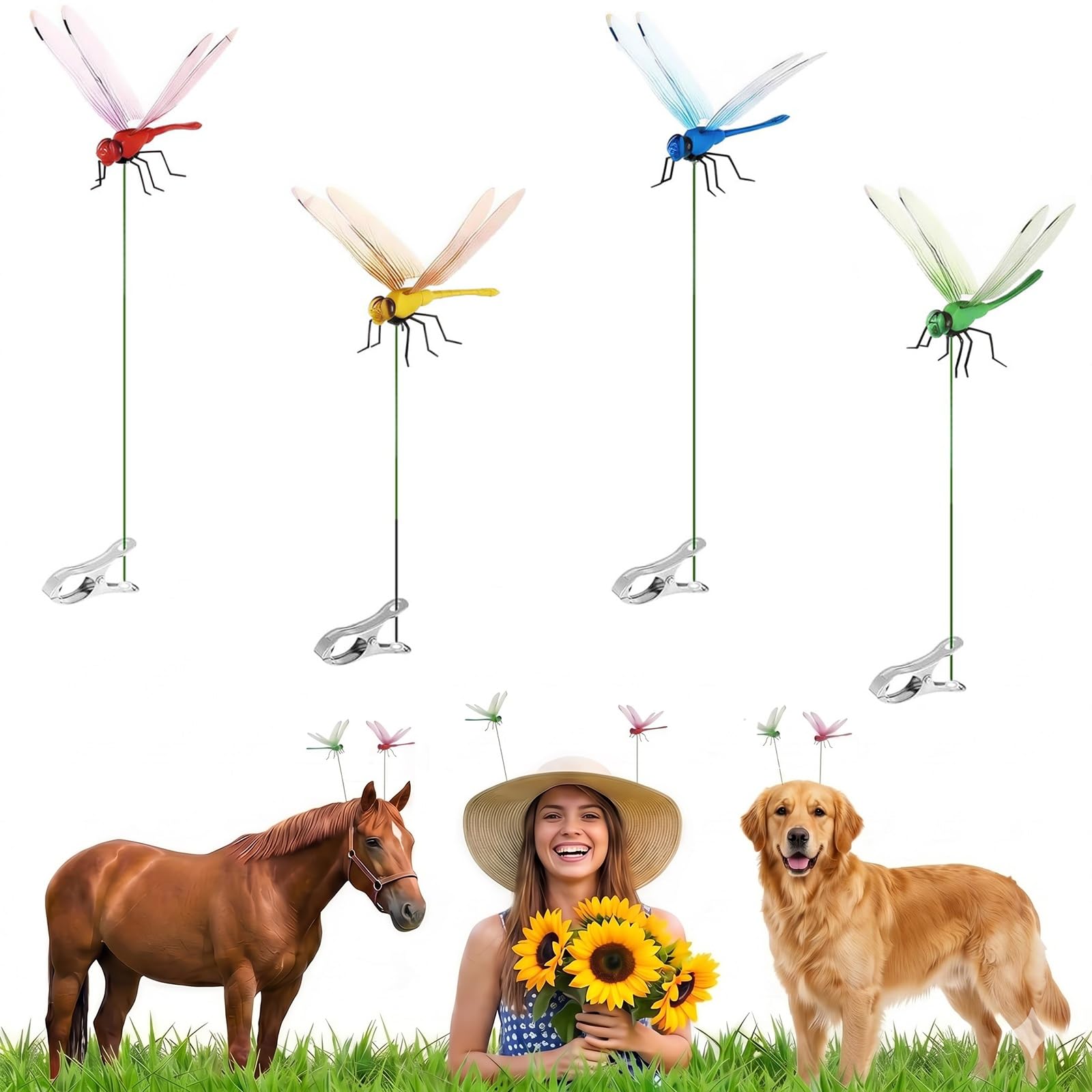 Dragonfly Clips to Keep Bugs Away | Realistic Dragonfly Decoy Horse Fly & Wasp Deterrent for Hats, Clothing & Horses | Waterproof Flying Insect Scare Device for Garden Stakes(4 PCS)