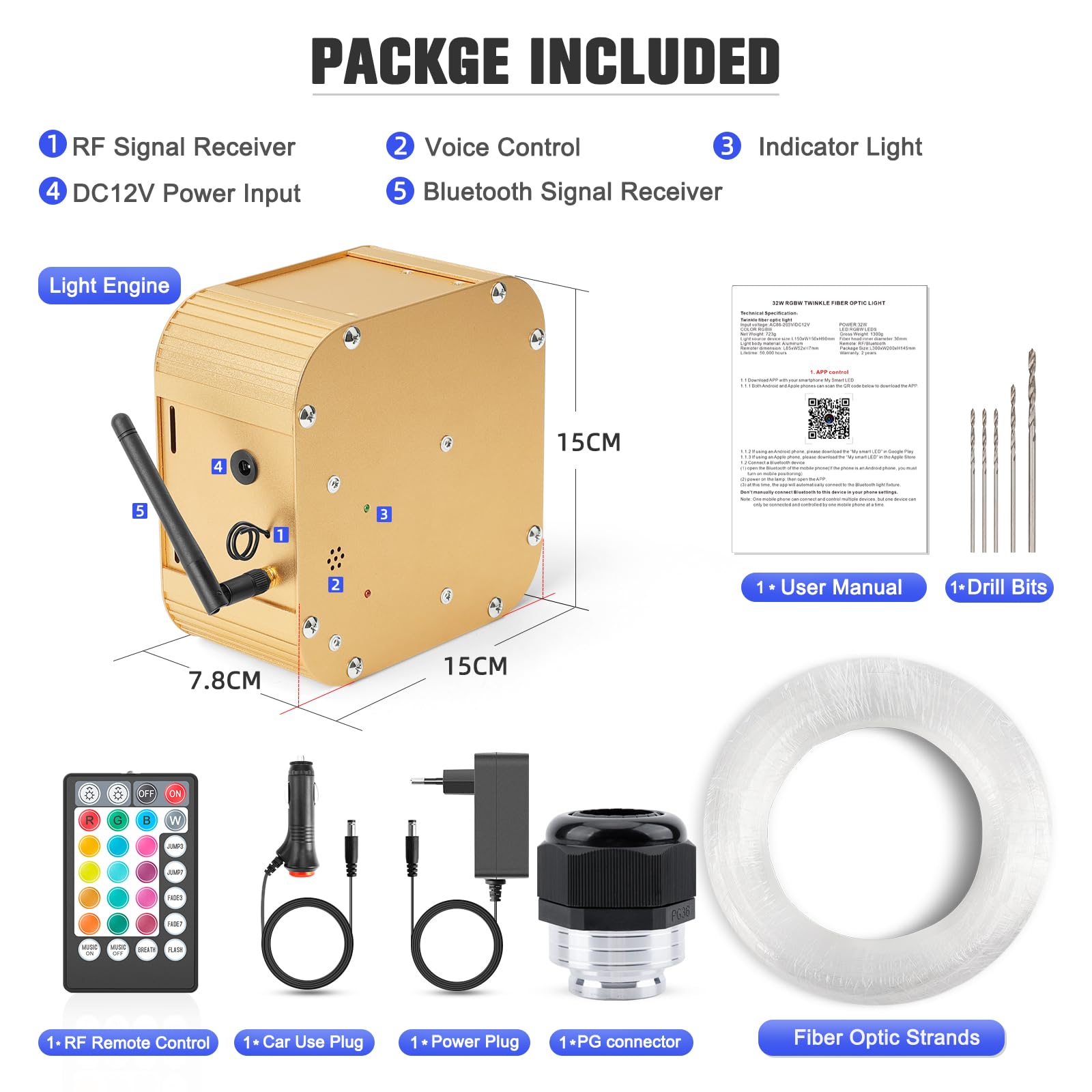 32W Twinkle RGBW Fibra Ottica, 1000pcs of (0.75+1.0+1.5mm)*4m Cielo Stellato LED Con APP Bluetooth/Remote/Controllo Musica, Fibra Ottica Cielo Stellato per Auto/Casa/Teatro