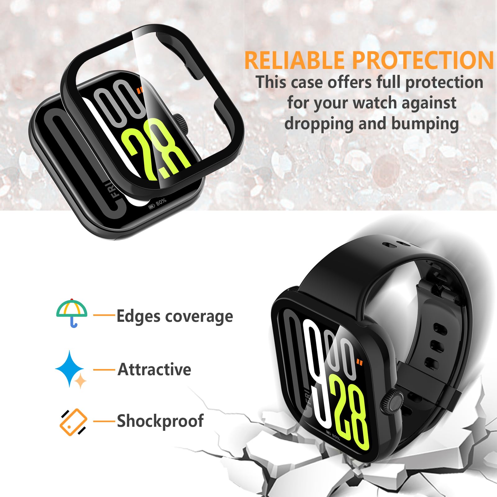Hianjoo 5 sztuk etui ze szkła hartowanego kompatybilne z Xiaomi Redmi Watch 5 【NIE dla 5 Active / 5 Lite】, folia ochronna na ekran oraz etui PC kompatybilne z Xiaomi Redmi Watch 5