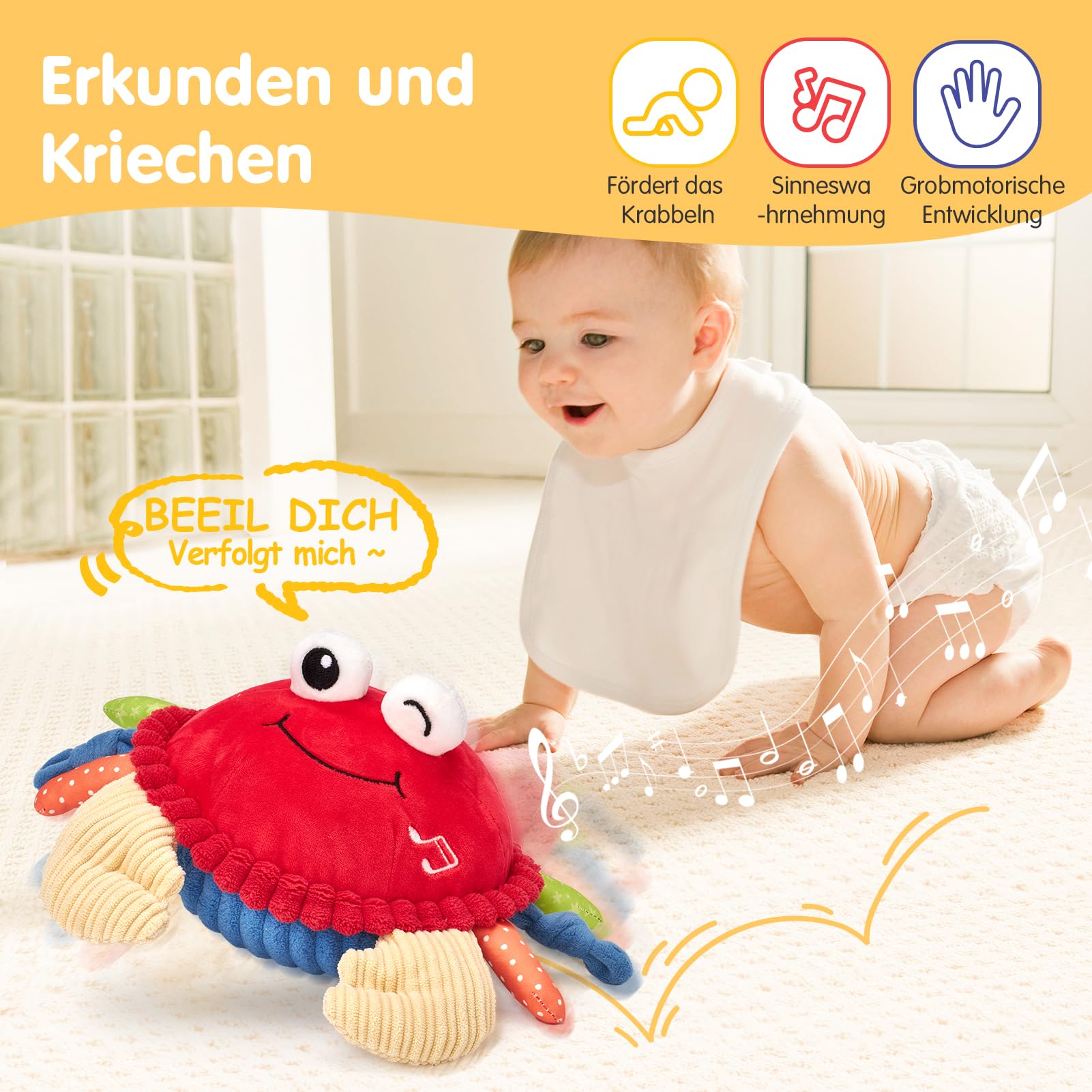 hahaland Krabbe Baby Spielzeug 6 8 9 10 12 Monate, Musikalische Krabbelspielzeug, Crawling Crab Tummy Time Toy, Spielzeug ab 6 Monate fürs Krabbeln Lernen, Baby Geschenk Babyspielzeug ab 1 2 Jahre
