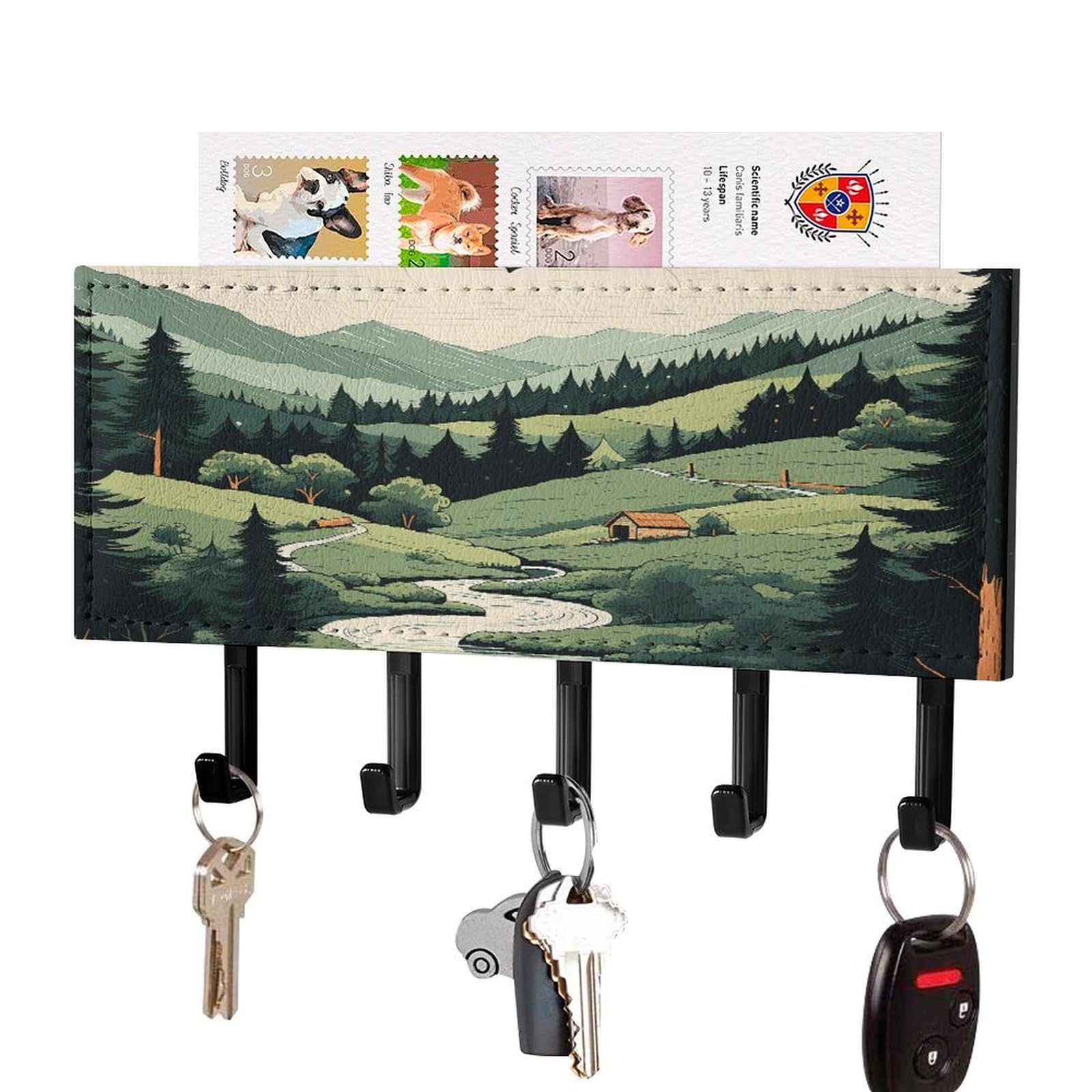 FekiLoot Outdoor Landscape Key Holder Wall Mount Key Hanger with 5 Hooks Decorative Key Rack Hanging Key Hooks with Mail Organizer Key Holder for Wall Living Room Kitchen Bathroom Hallway Black