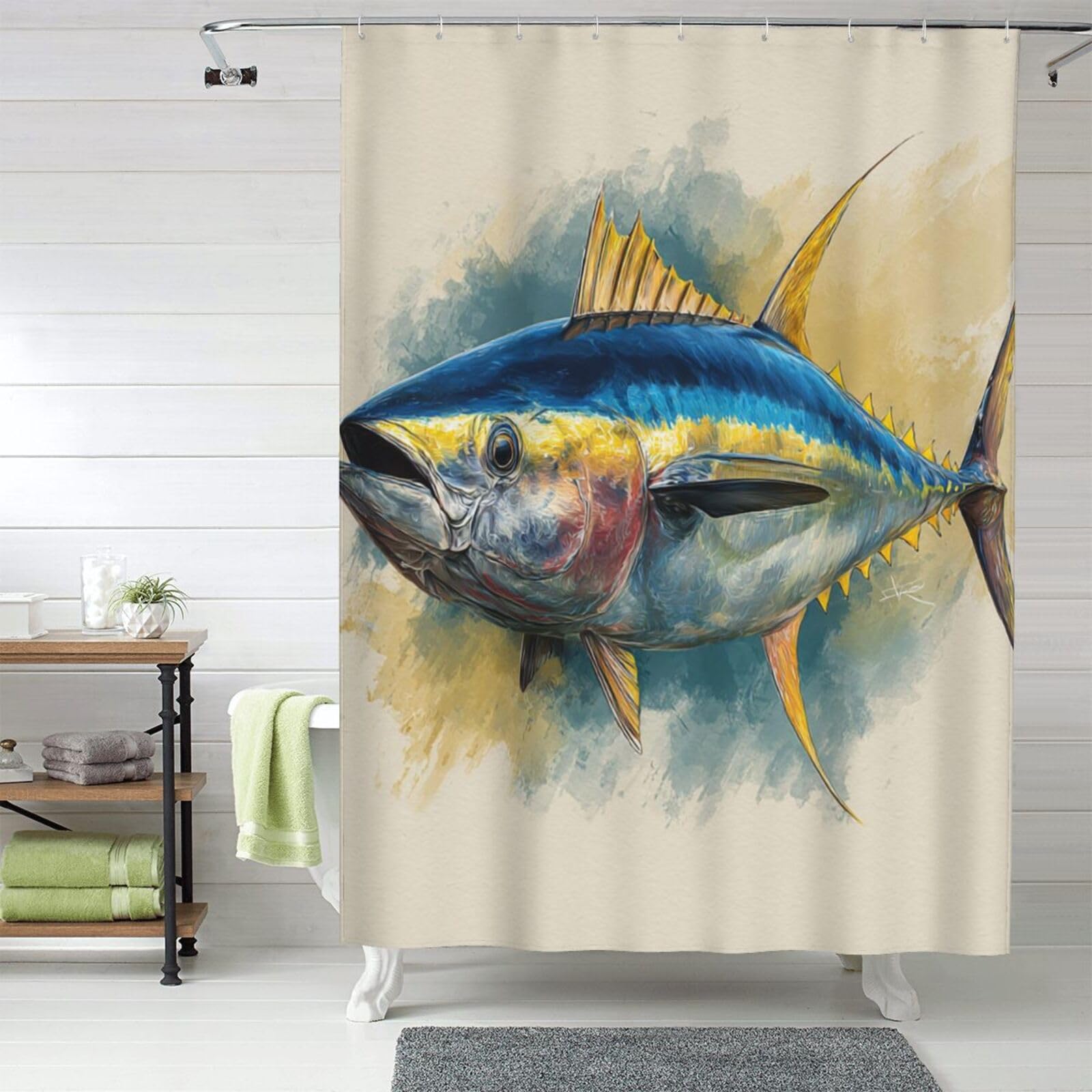 MXZERFKGLA Shower Curtain Set with 12 Hooks Waterproof Fabric Washable Curtain Modern Farmhouse Bath Curtains Bluefin Tuna Thunnus Shower Curtains for Bathroom Bathtub Decoration 60x72 Inches