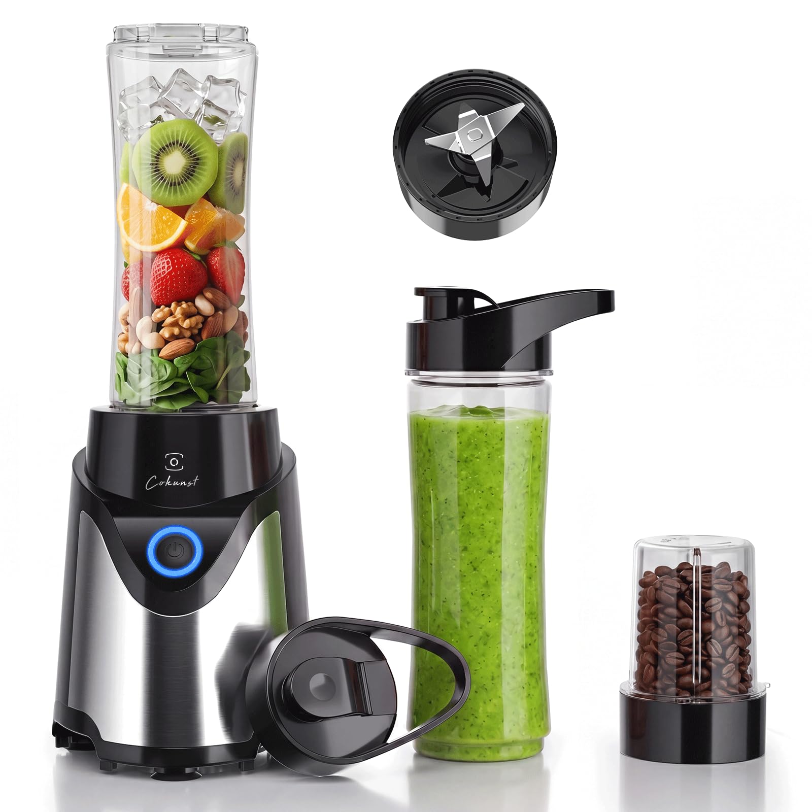 COKUNST Batidora de pie para Zumos y Batidos, Licuadoras Eléctrica, 2 tazas | 900W de Potencia, 570ml de Capacidad, con Contenedor de Café en Grano, Libre de BPA, Tapa Antigoteo, Base Antideslizante