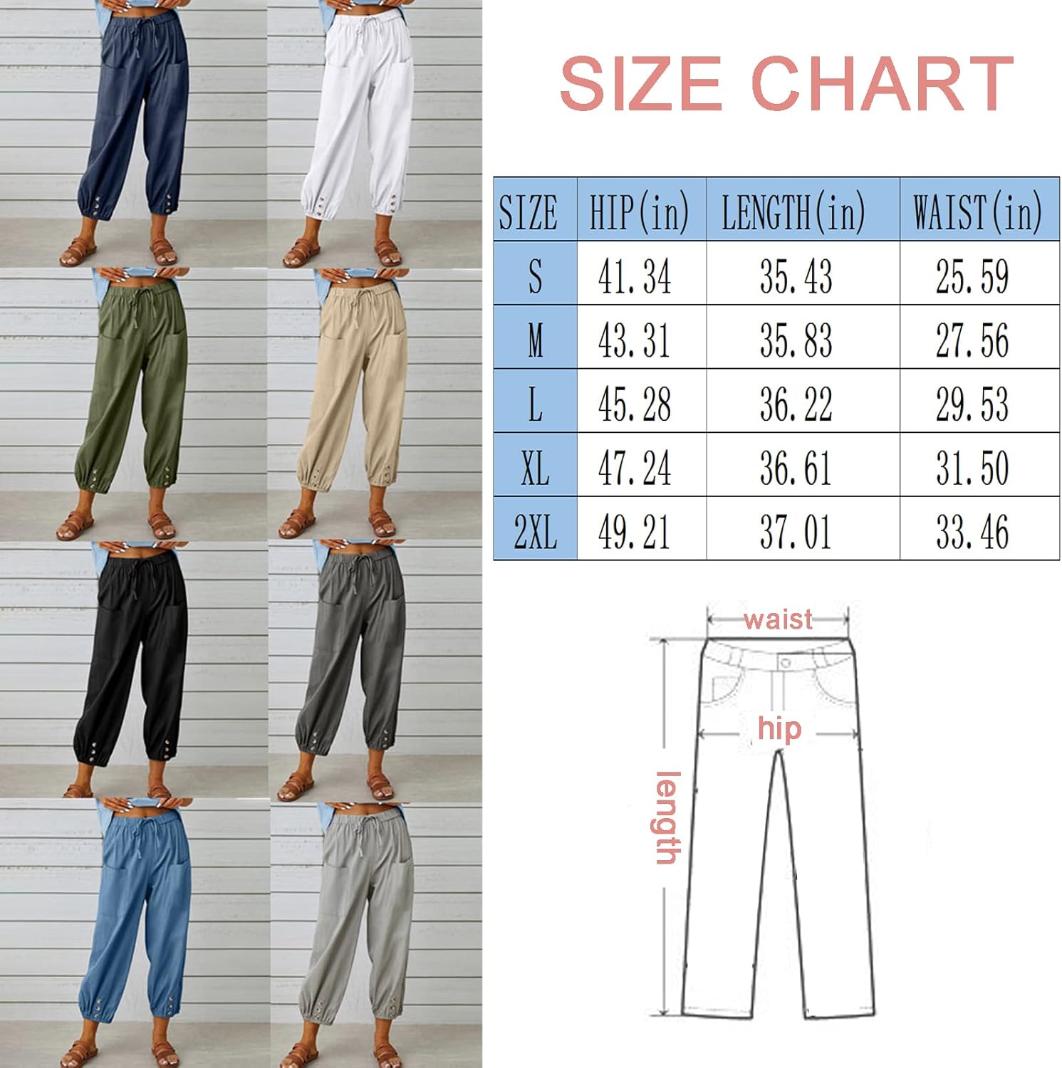Vista 7 de ZQFFB Capri Pants for Women Casual Summer Linen Capris Elastic Waist Crop Pants with Drawstring