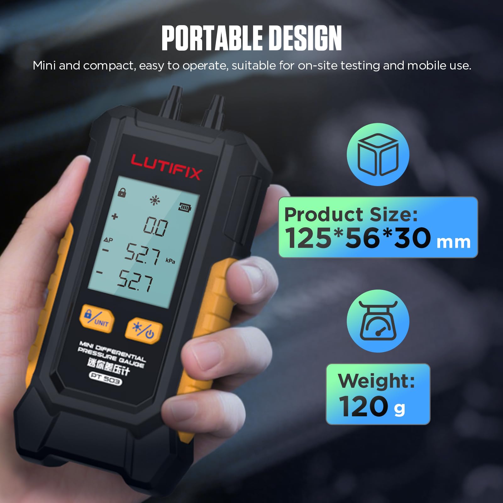 Manómetro digital de presión de aire -101-200 kPa, resolución de 0,1 kPa, probador de aire, 6 unidades, medidor de presión de aire HVAC de puerto doble diferencial, manómetro de presión diferencial