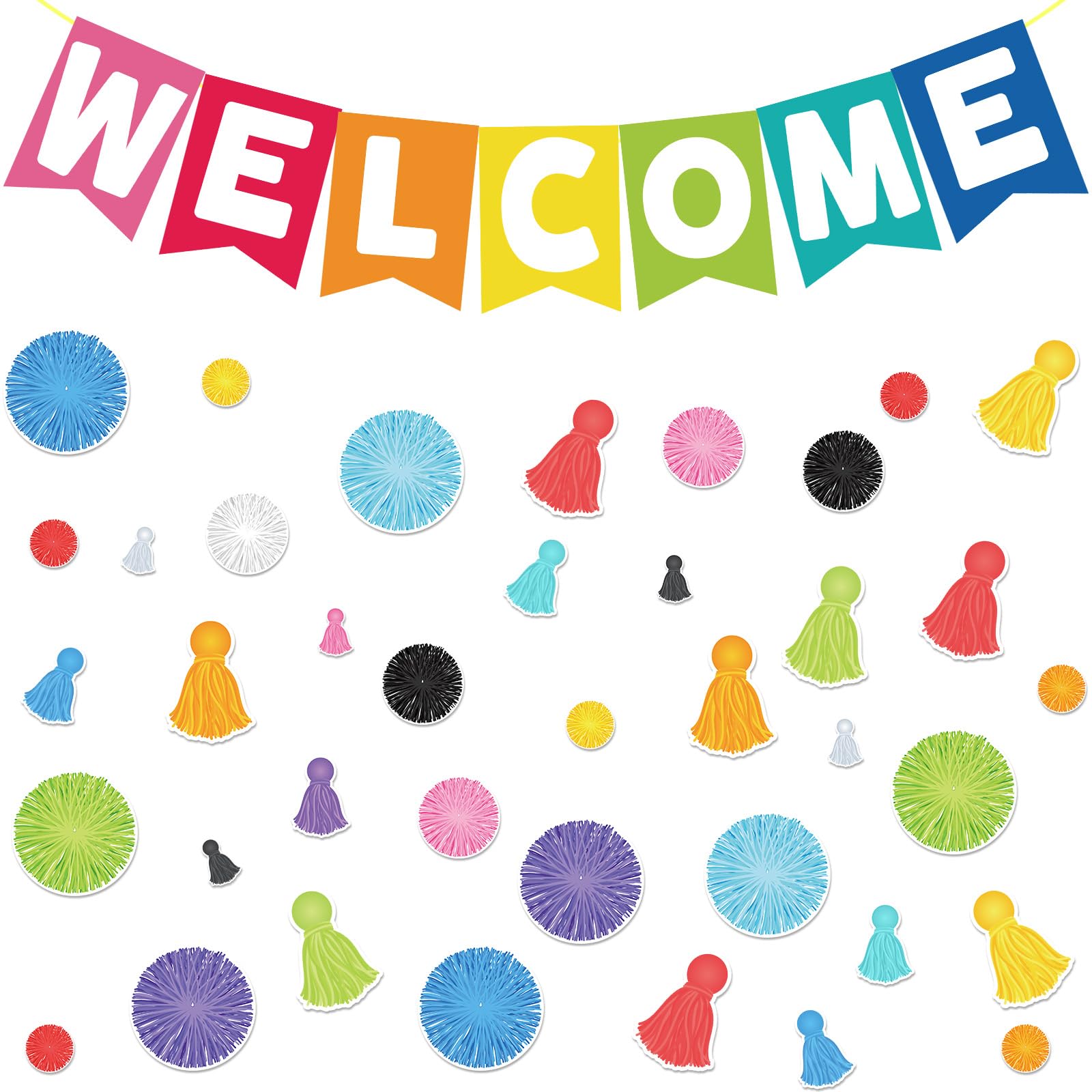 67 Pcs Welcome Banner Welcome Bulletin Board Set Bright and Colorful Welcome Banners Tassel Poms Cutouts for Classroom Bulletin Board Wall Decorations