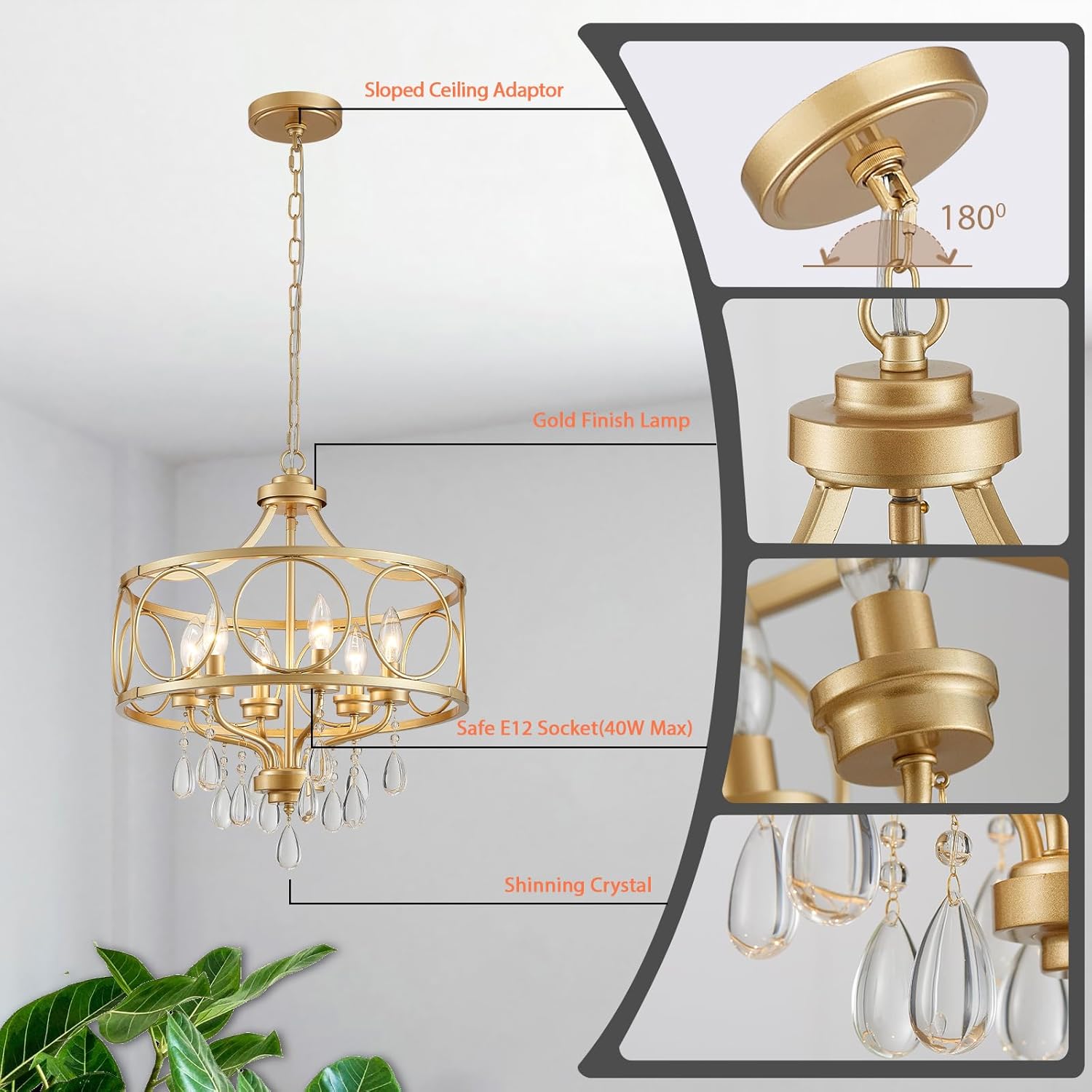 6-Light Modern Gold Crystal Chandelier, 17.7" Farmhouse Ceiling Light Fixture, Hanging Metal Pendant Lights Kitchen Island Dining Room Entryway Foyer
