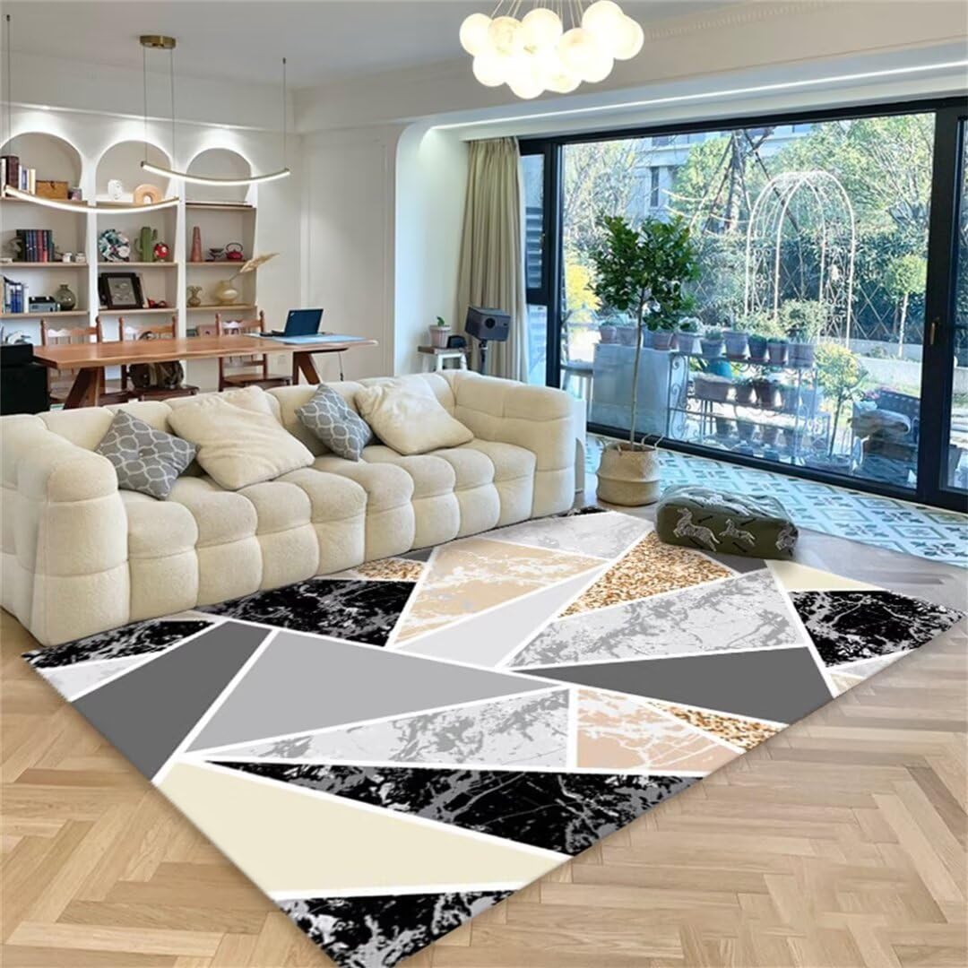 Grand tapis 130x190 cm gris lavable à motif marbre noir pour salon