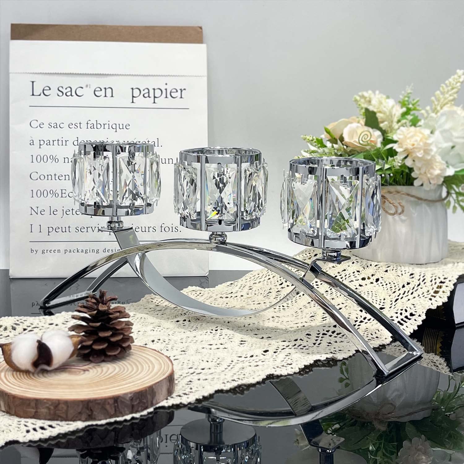 3 Arms Crystal Tealight Candle Holder, Table Candelabras,Buffet Cabinet Candelabra Ornaments Table Centerpieces for Wedding Dining Room,Decorative Crystal Candlestick (Silver)