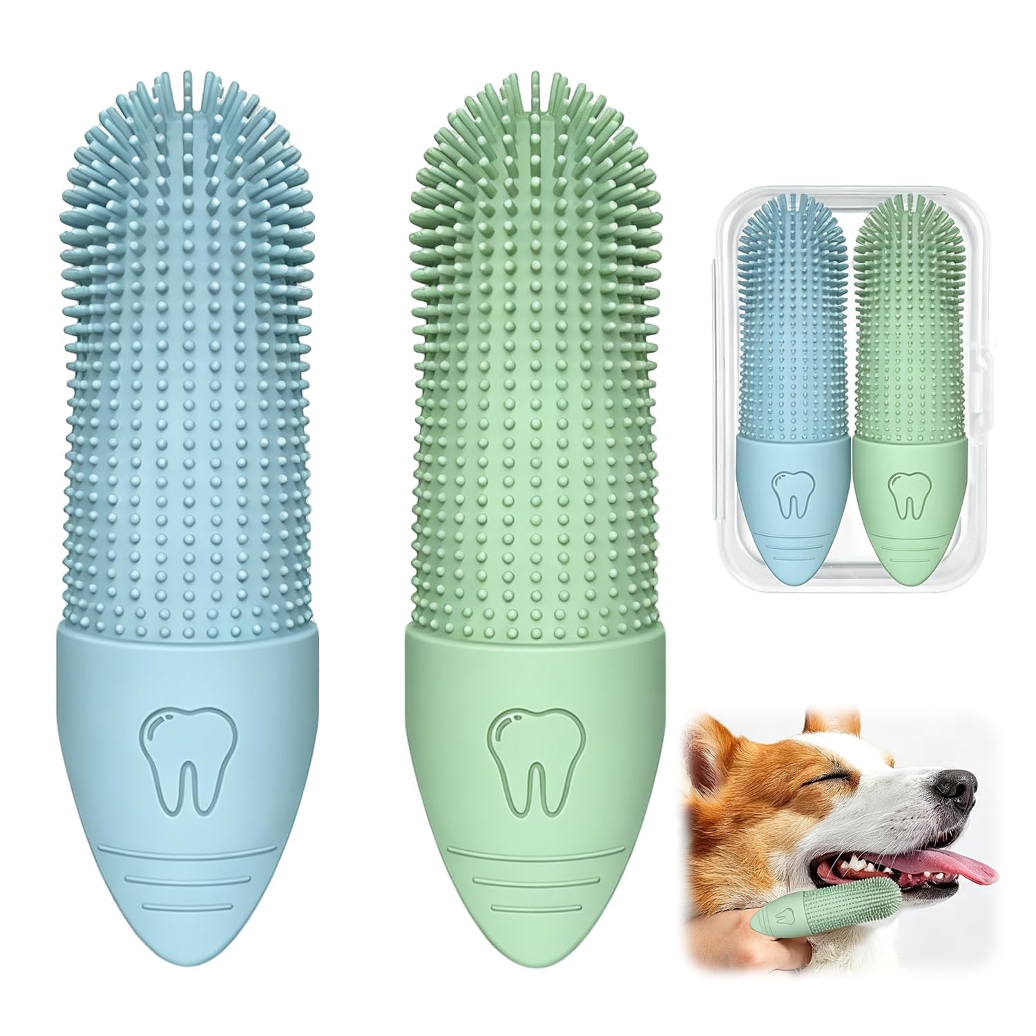 2 Pcs Silicone Finger Toothbrush for Dogs, Dog & Cat Finger Soft Bristles Toothbrush with Protective Case Daily Oral Suitable Care Puppies & Kittens