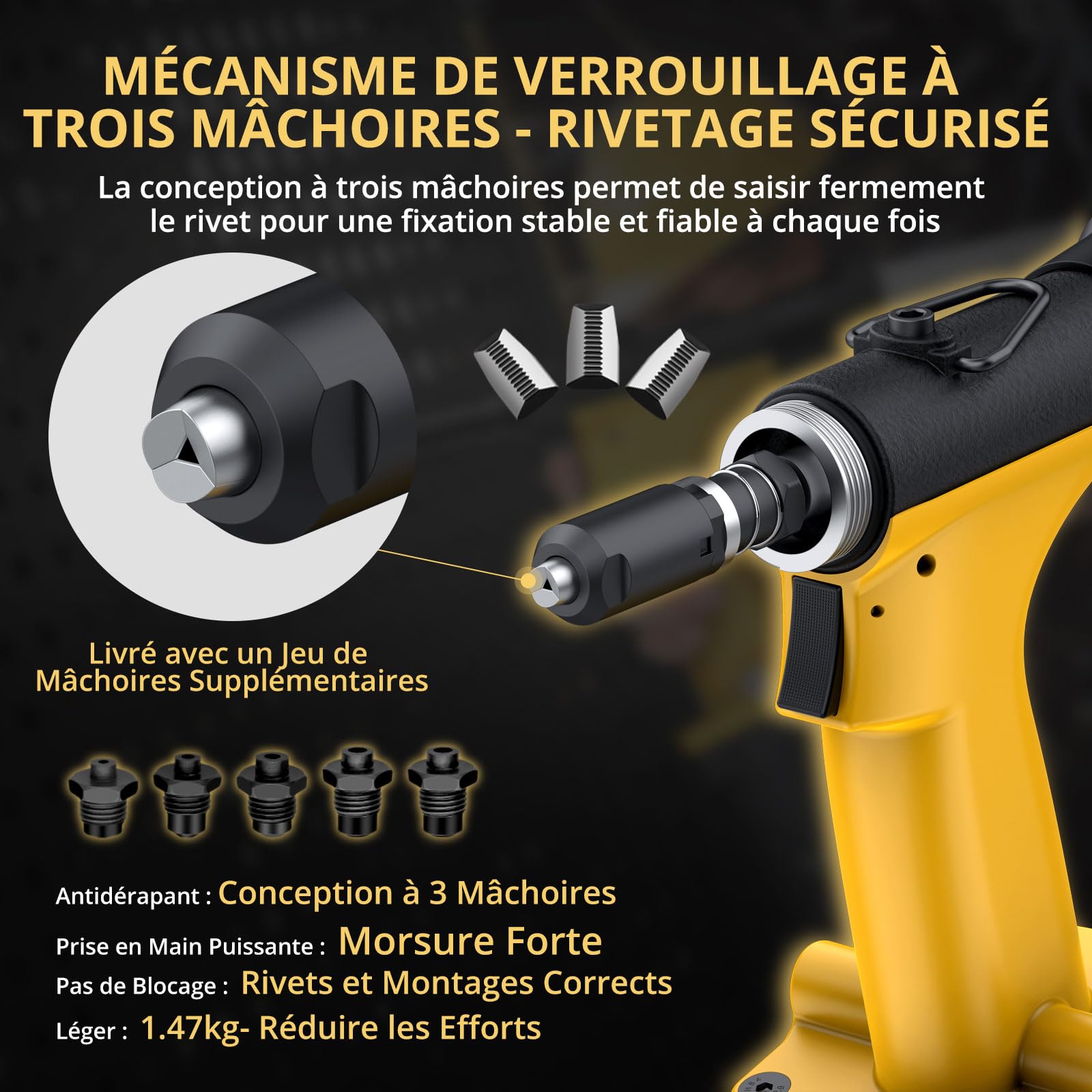AMTOVL Pistolet à Riveter Pneumatique Auto-aspiration 1/4" BSPT 1400KGF Riveteuse Pneumatique Fixation Automatique des Rivets 2,4 3,2 4,0 4,8 6,4mm Riveteuse Hydraulique avec Griffe Supplémentaire