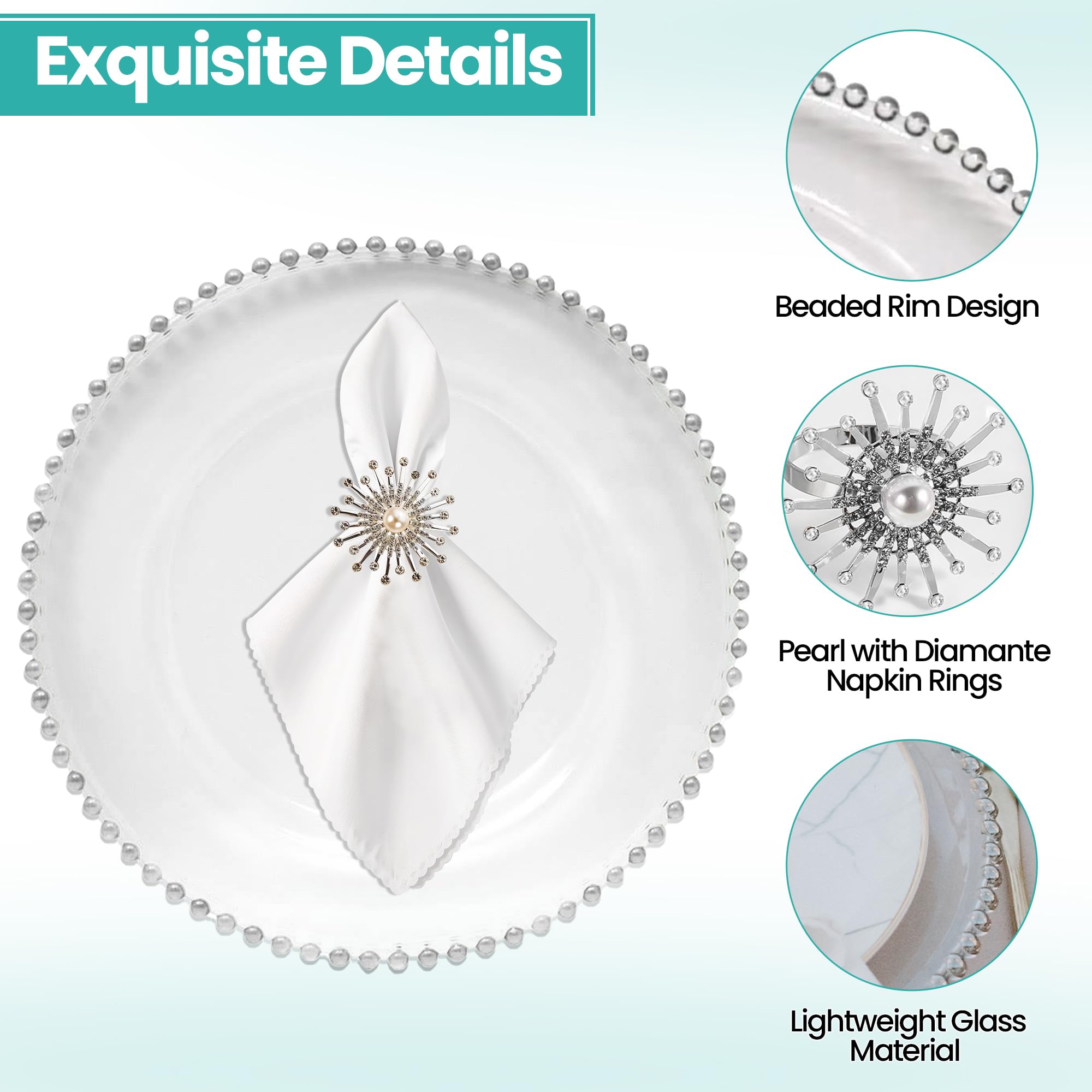 Trimming Shop Paquete combinado de platos de cristal transparente con cuentas plateadas de 13 pulgadas con servilleteros de diamantes de perla, perfectos para bodas, cenas, eventos, mesas y