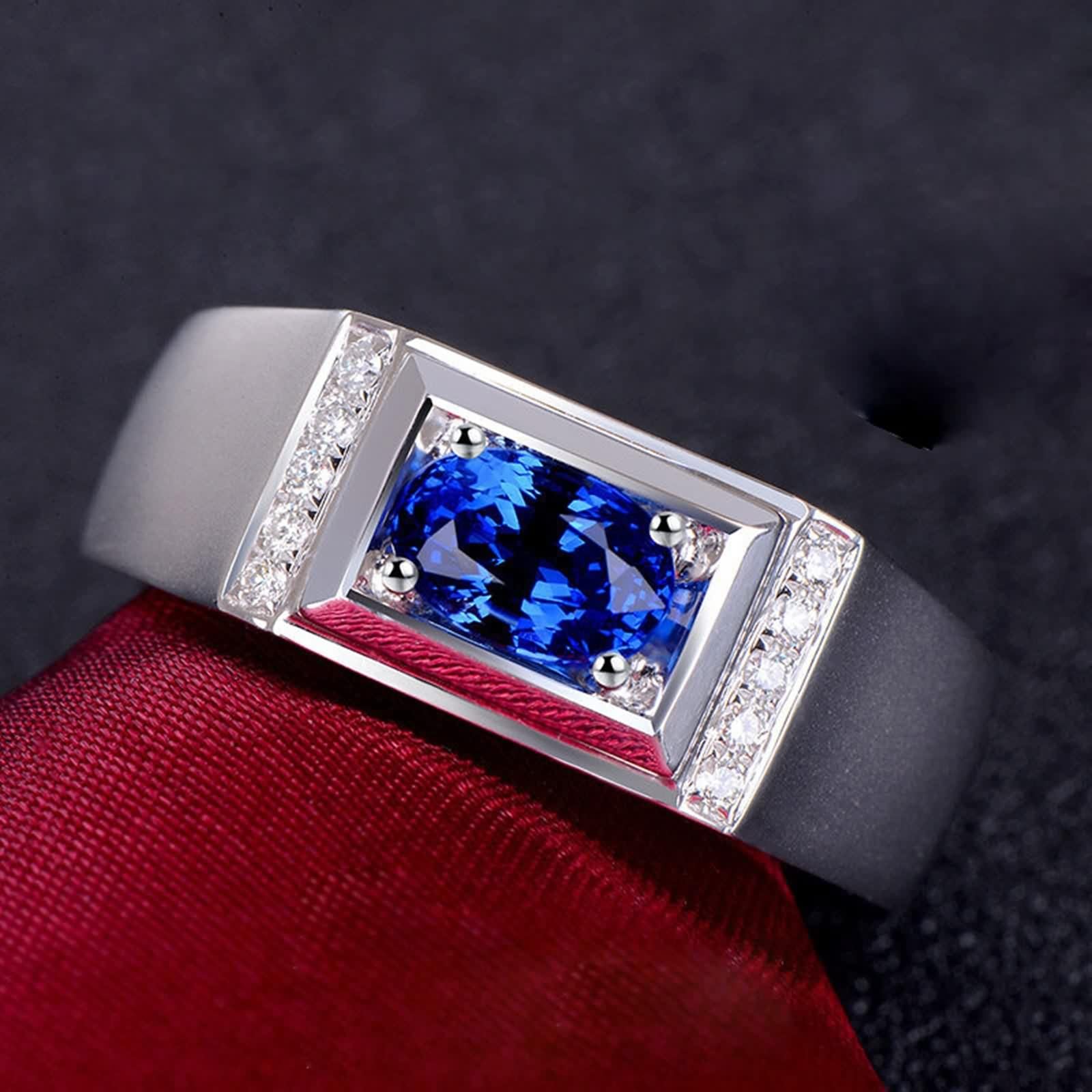 Sortija Piedras Azul, Alianzas Boda Oro Blanco 18K Forma Oval 0.1Ct Diamante Blanco Talla 25 para Esposo con Joyero